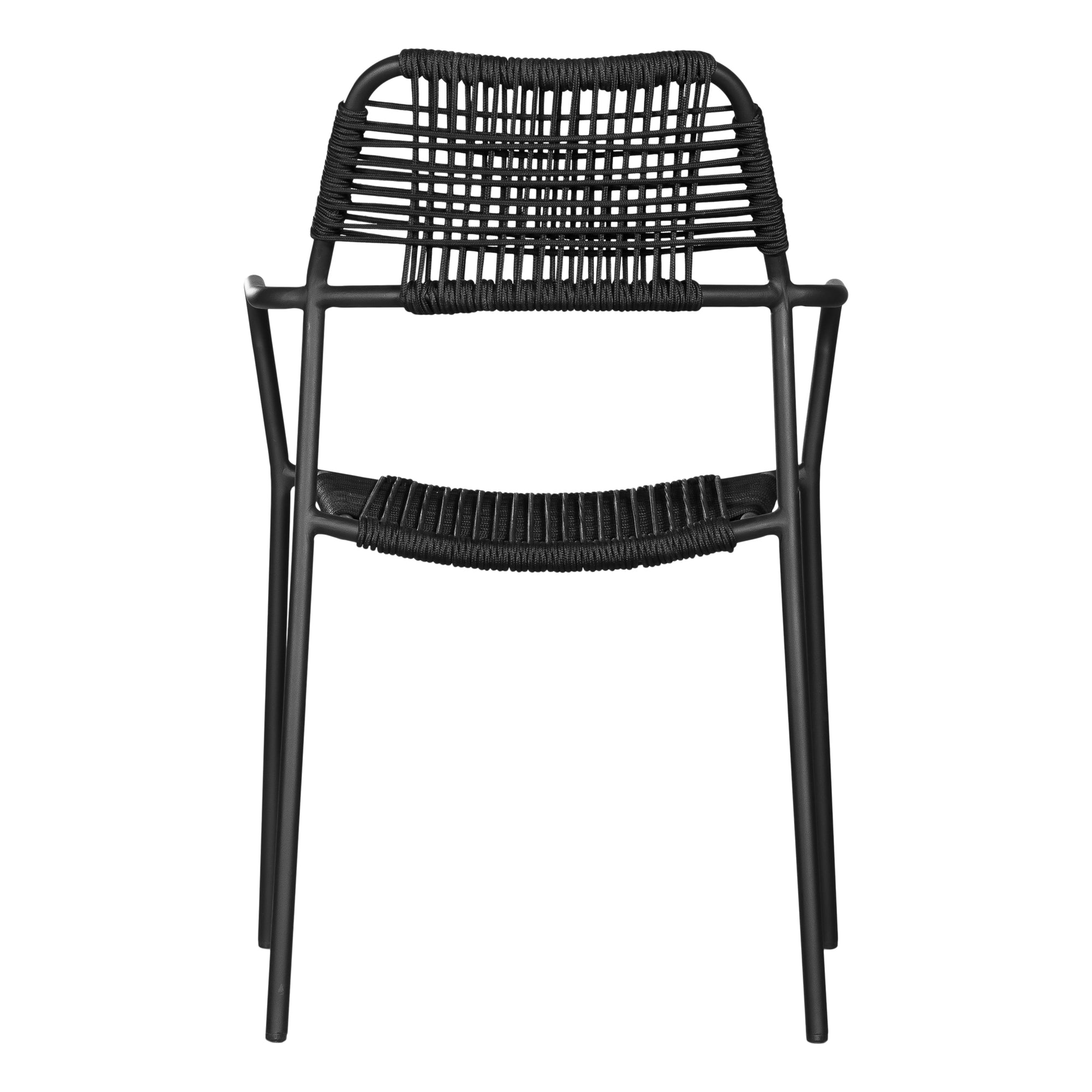 Modern outdoor dining chair featuring a black metal frame with a handwoven black rope seat and backrest, designed for sleek and contemporary alfresco dining