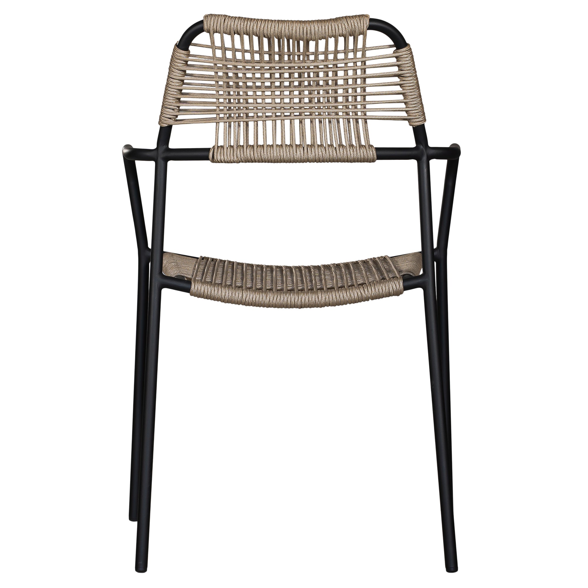 Stylish outdoor dining chair with a sleek black metal frame and handwoven rope seat and backrest in a natural tone, perfect for contemporary alfresco dining