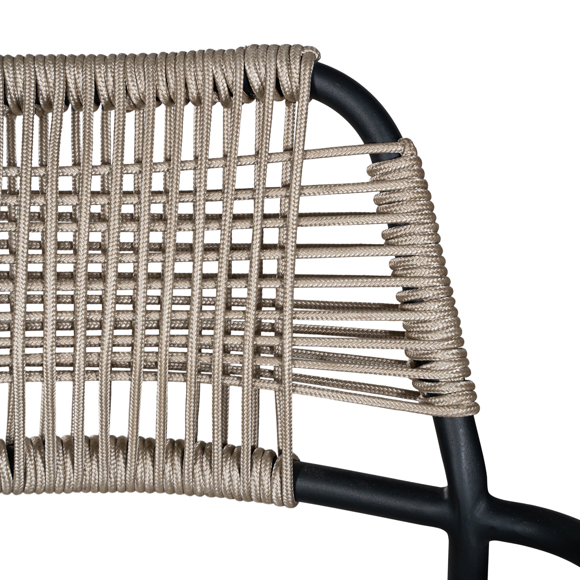 Stylish outdoor dining chair with a sleek black metal frame and handwoven rope seat and backrest in a natural tone, perfect for contemporary alfresco dining