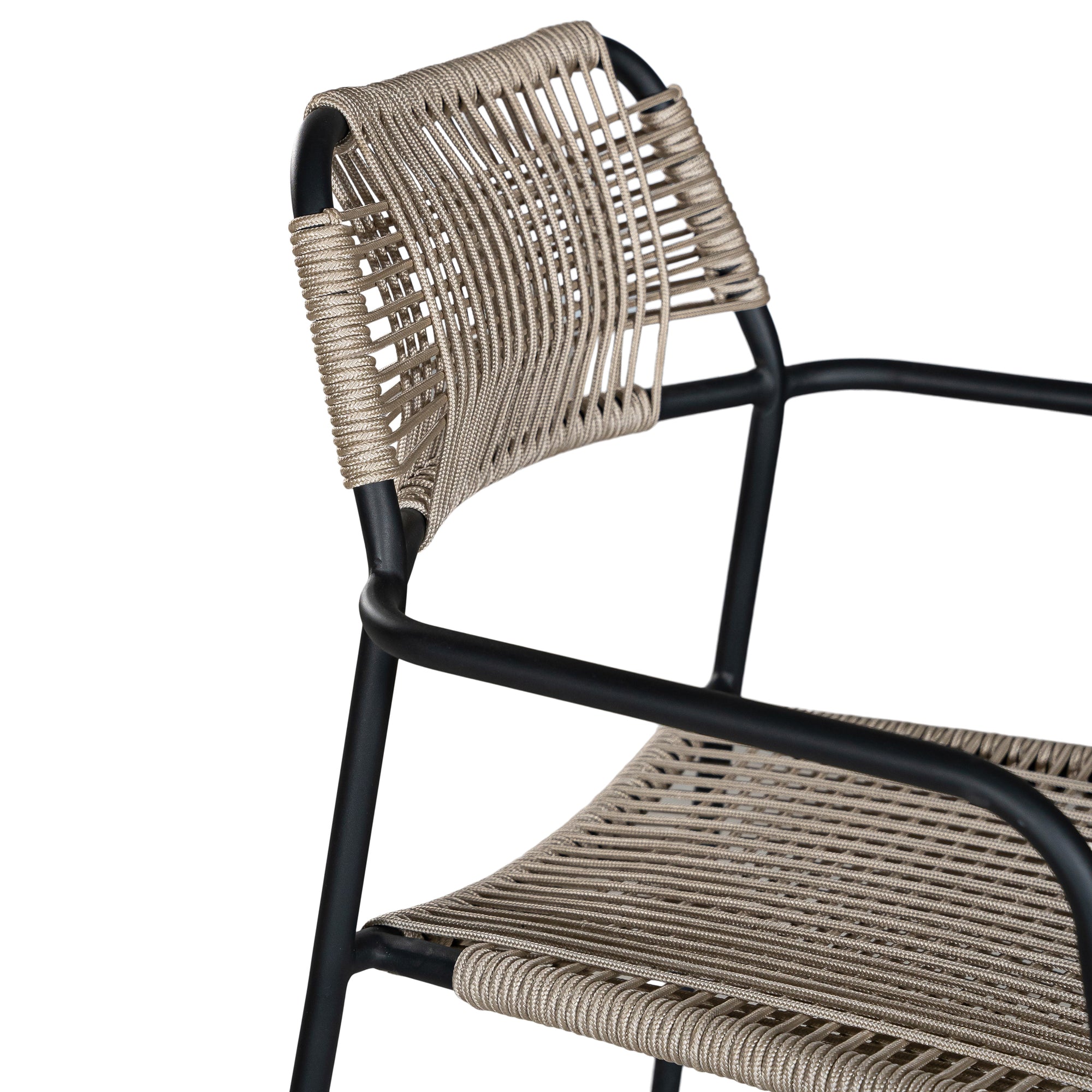 Stylish outdoor dining chair with a sleek black metal frame and handwoven rope seat and backrest in a natural tone, perfect for contemporary alfresco dining