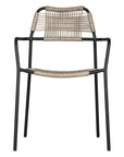 Stylish outdoor dining chair with a sleek black metal frame and handwoven rope seat and backrest in a natural tone, perfect for contemporary alfresco dining