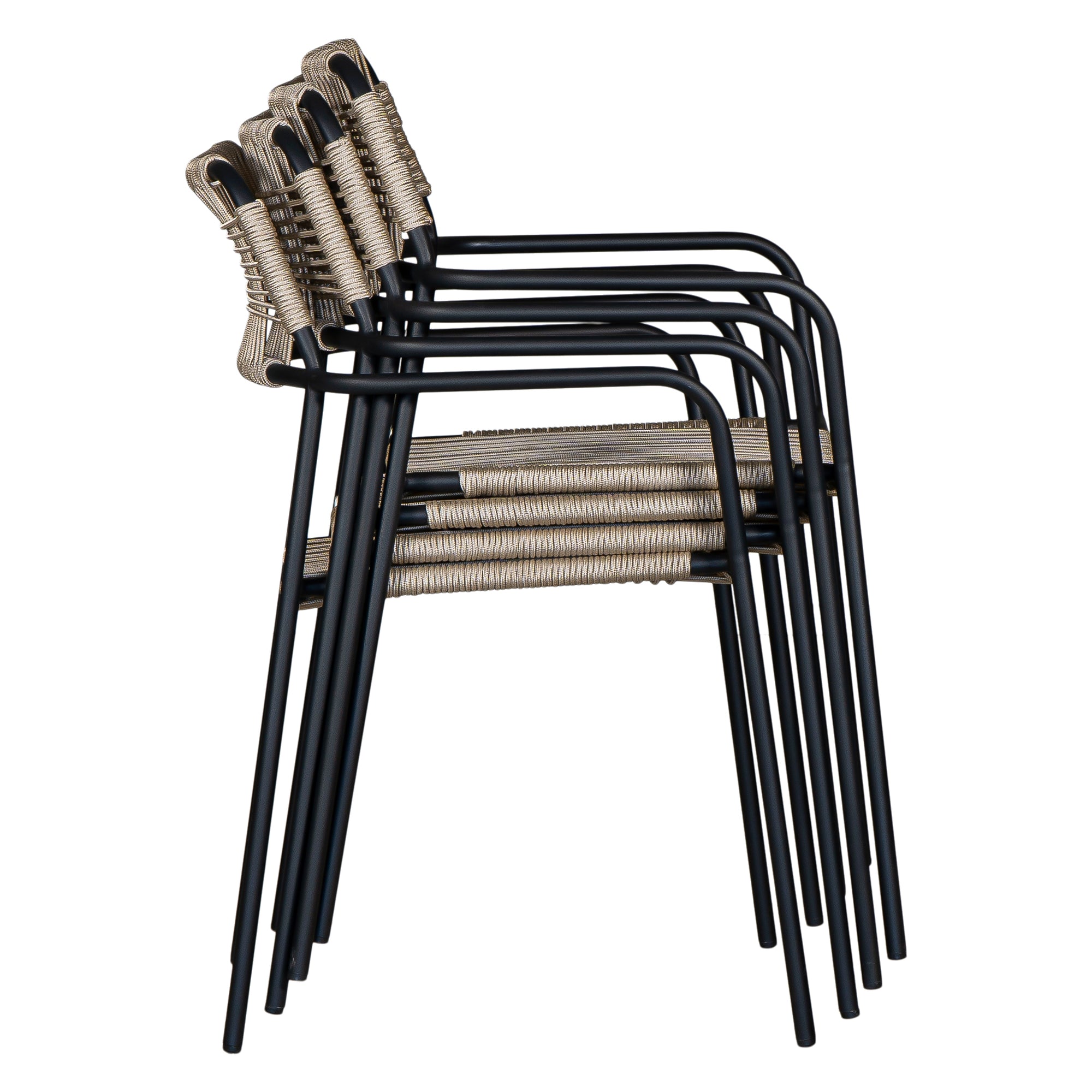 Stylish outdoor dining chair with a sleek black metal frame and handwoven rope seat and backrest in a natural tone, perfect for contemporary alfresco dining