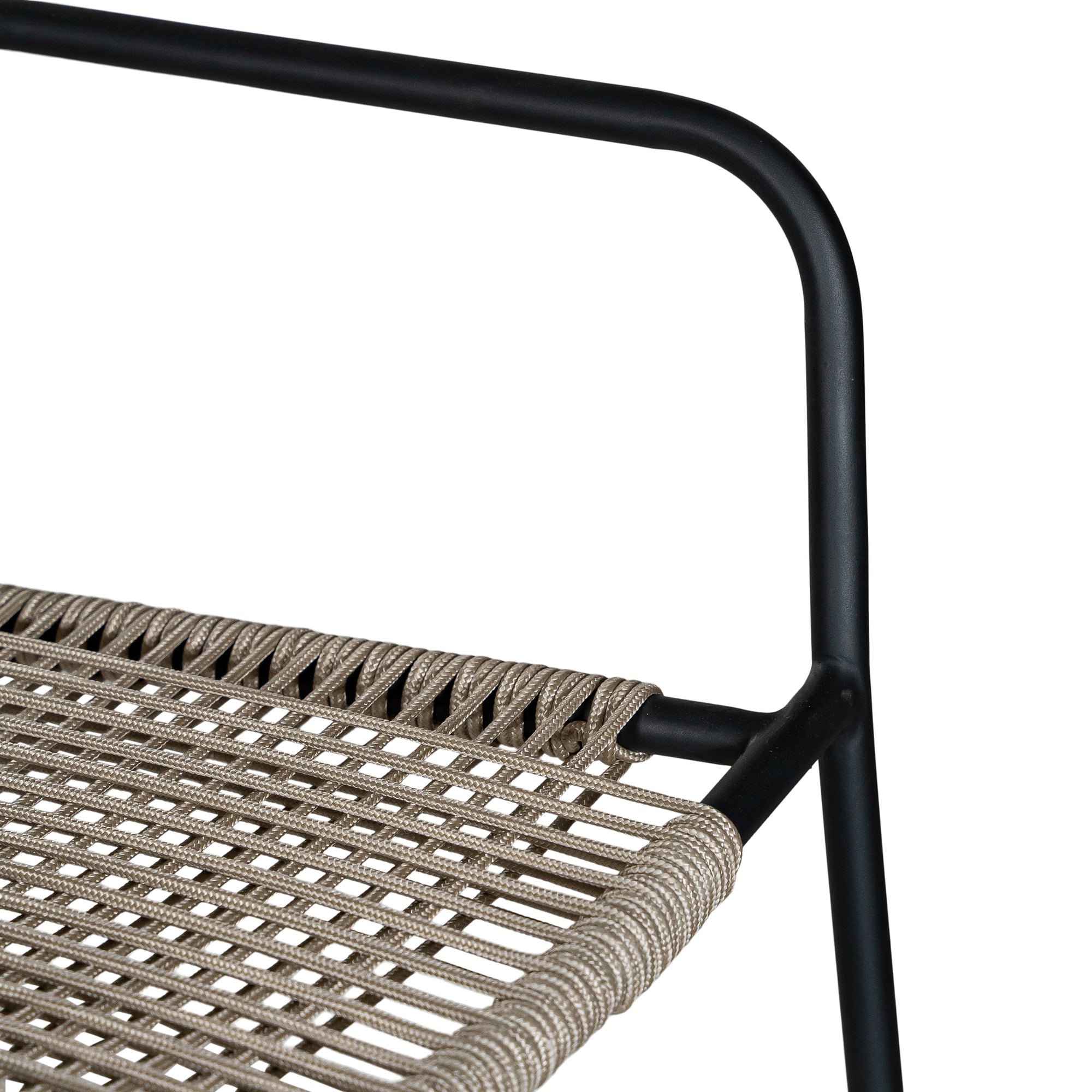 Stylish outdoor dining chair with a sleek black metal frame and handwoven rope seat and backrest in a natural tone, perfect for contemporary alfresco dining