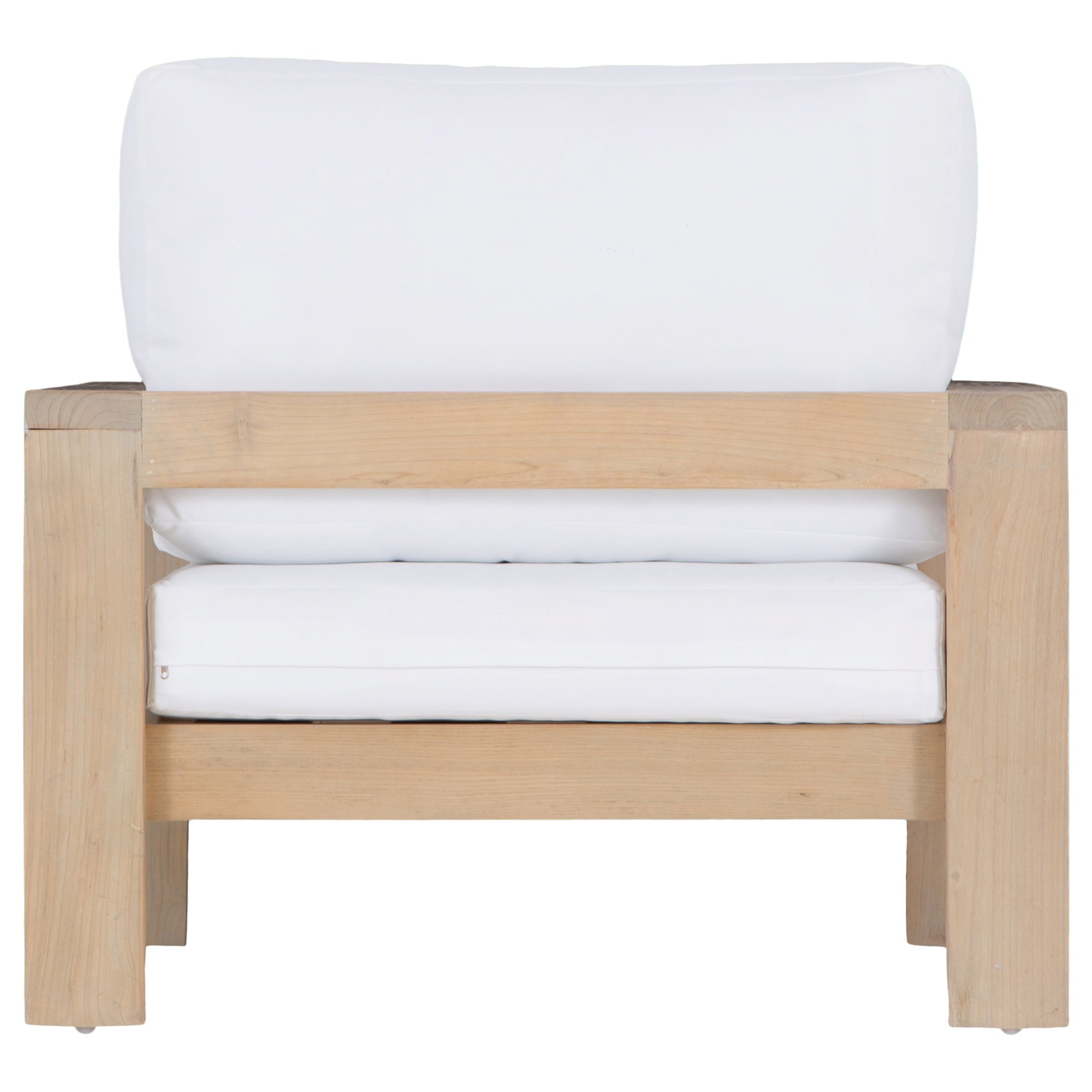 The Kulala Living Outdoor Teak Armchair features a solid teak frame with a natural finish and plush white cushions. Designed for both comfort and durability, this elegant armchair brings a relaxed, resort-style aesthetic to any outdoor living space