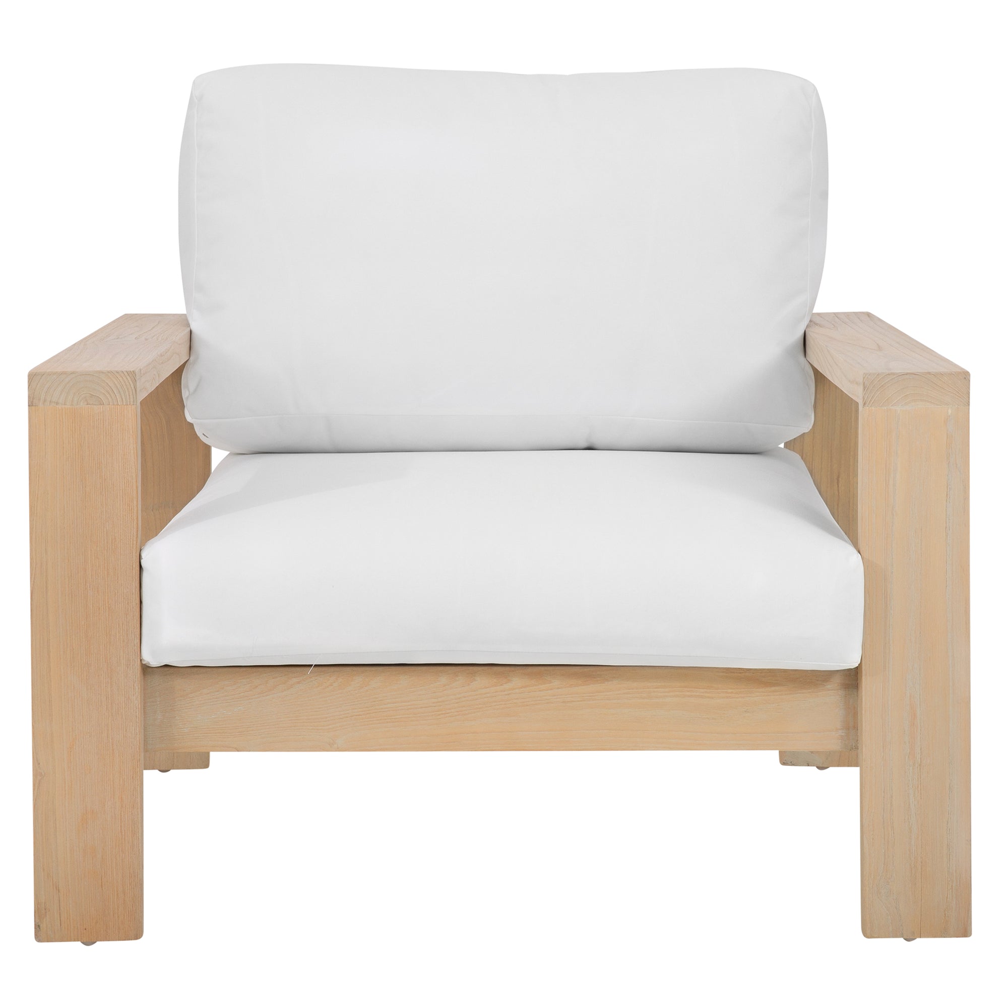 The Kulala Living Outdoor Teak Armchair features a solid teak frame with a natural finish and plush white cushions. Designed for both comfort and durability, this elegant armchair brings a relaxed, resort-style aesthetic to any outdoor living space