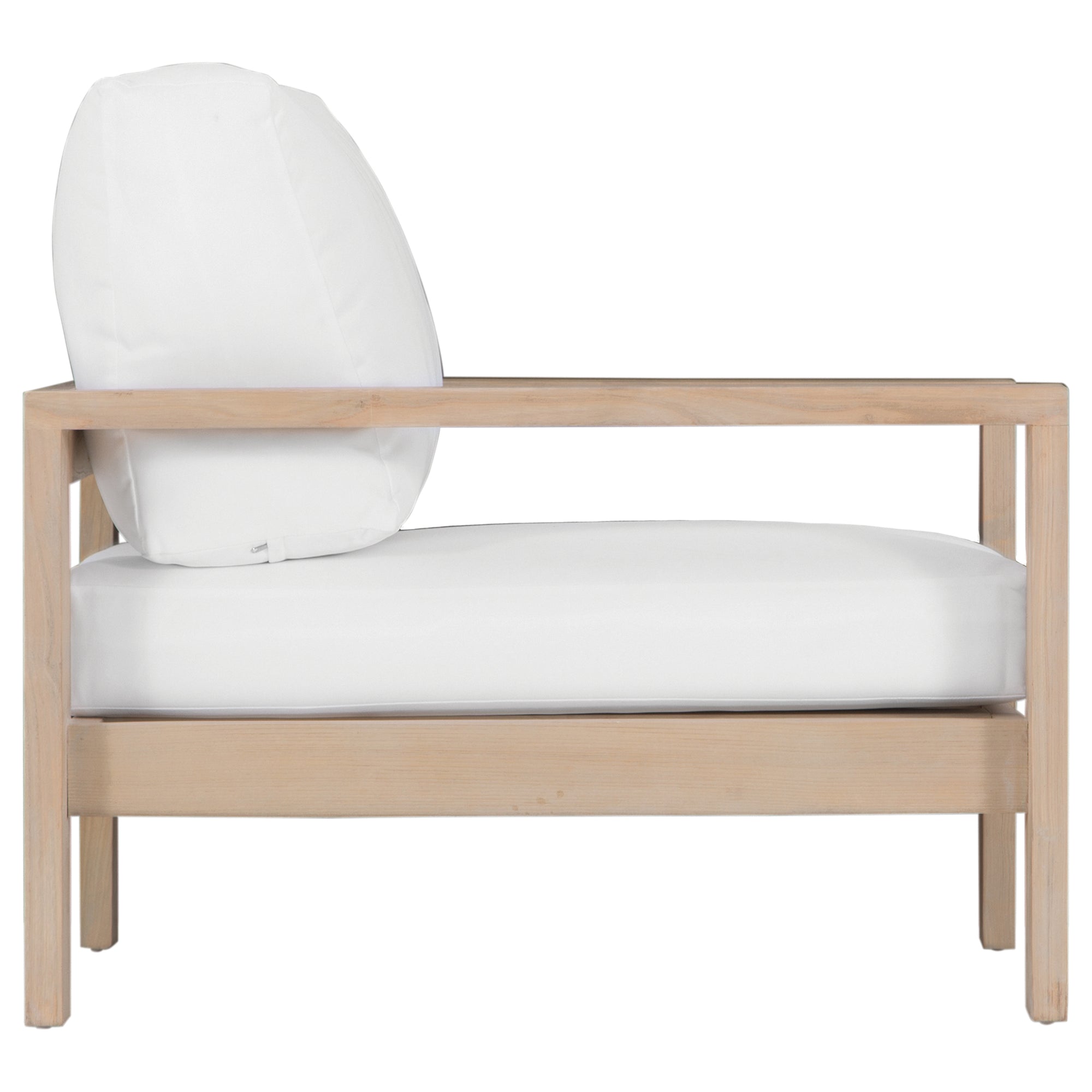 The Kulala Living Outdoor Teak Armchair features a solid teak frame with a natural finish and plush white cushions. Designed for both comfort and durability, this elegant armchair brings a relaxed, resort-style aesthetic to any outdoor living space
