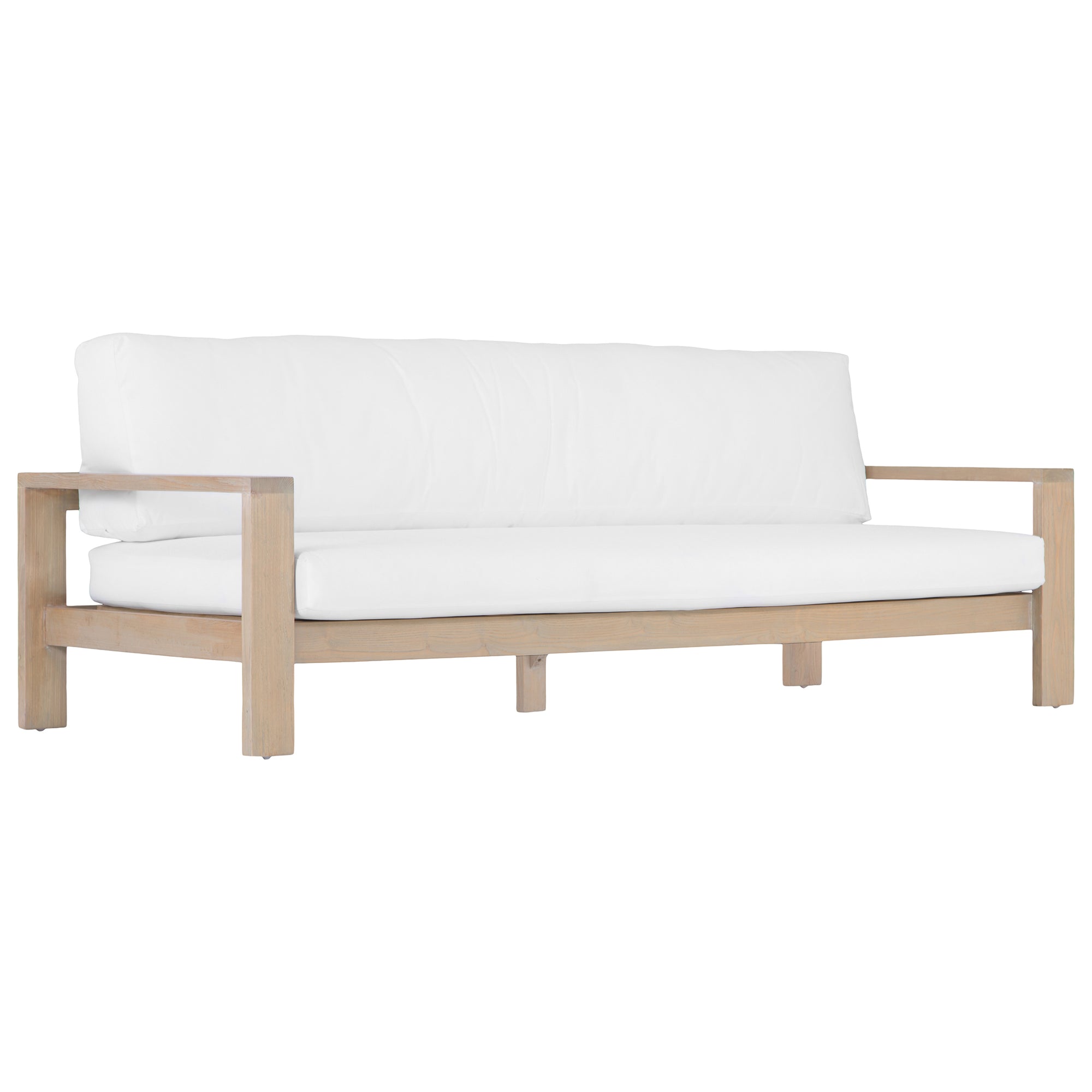 The Kulala Living Outdoor Teak Armchair features a solid teak frame with a natural finish and plush white cushions. Designed for both comfort and durability, this elegant armchair brings a relaxed, resort-style aesthetic to any outdoor living space