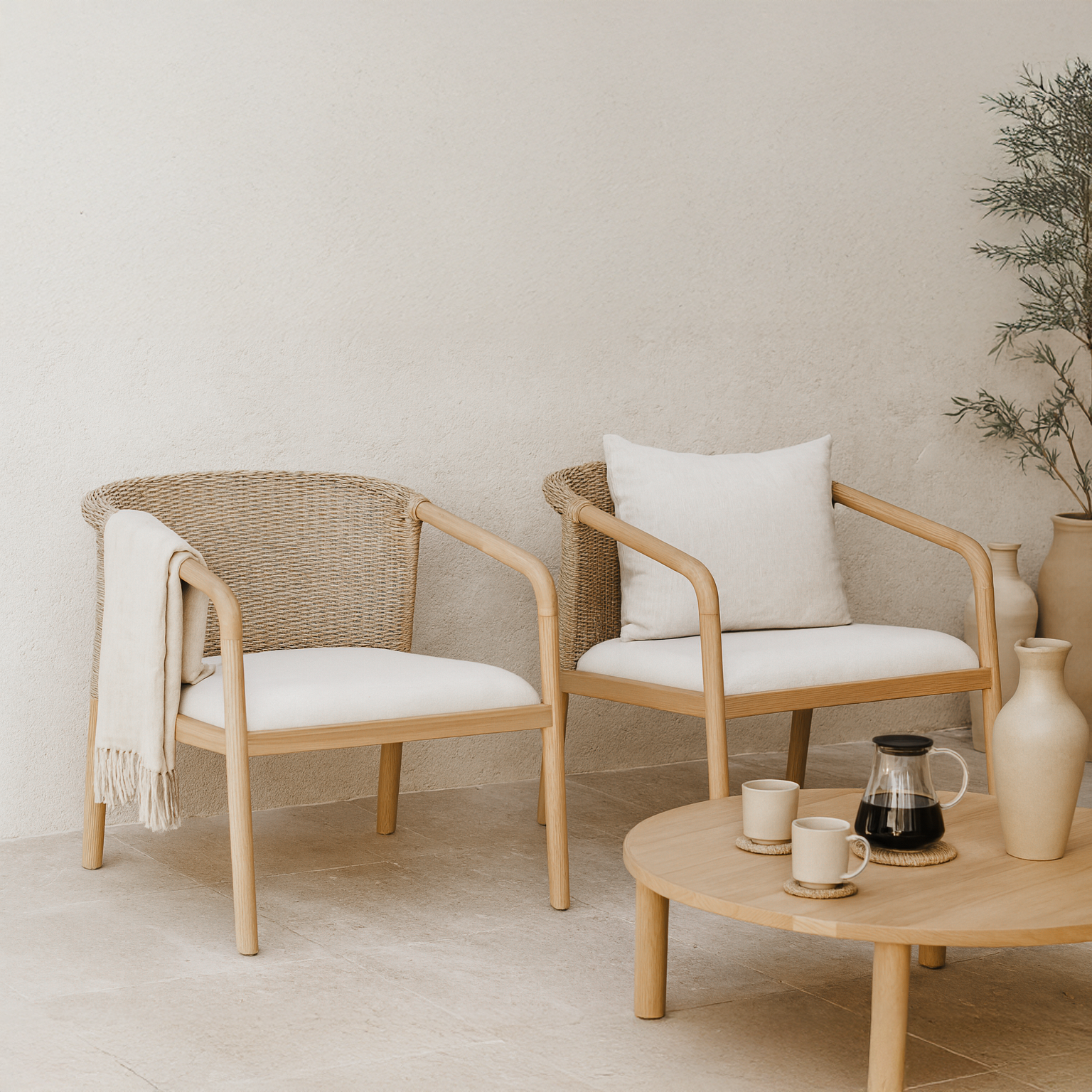 Pair of natural rope and teak armchairs with white cushions in a minimal outdoor setting, styled with a timber coffee table and ceramic decor