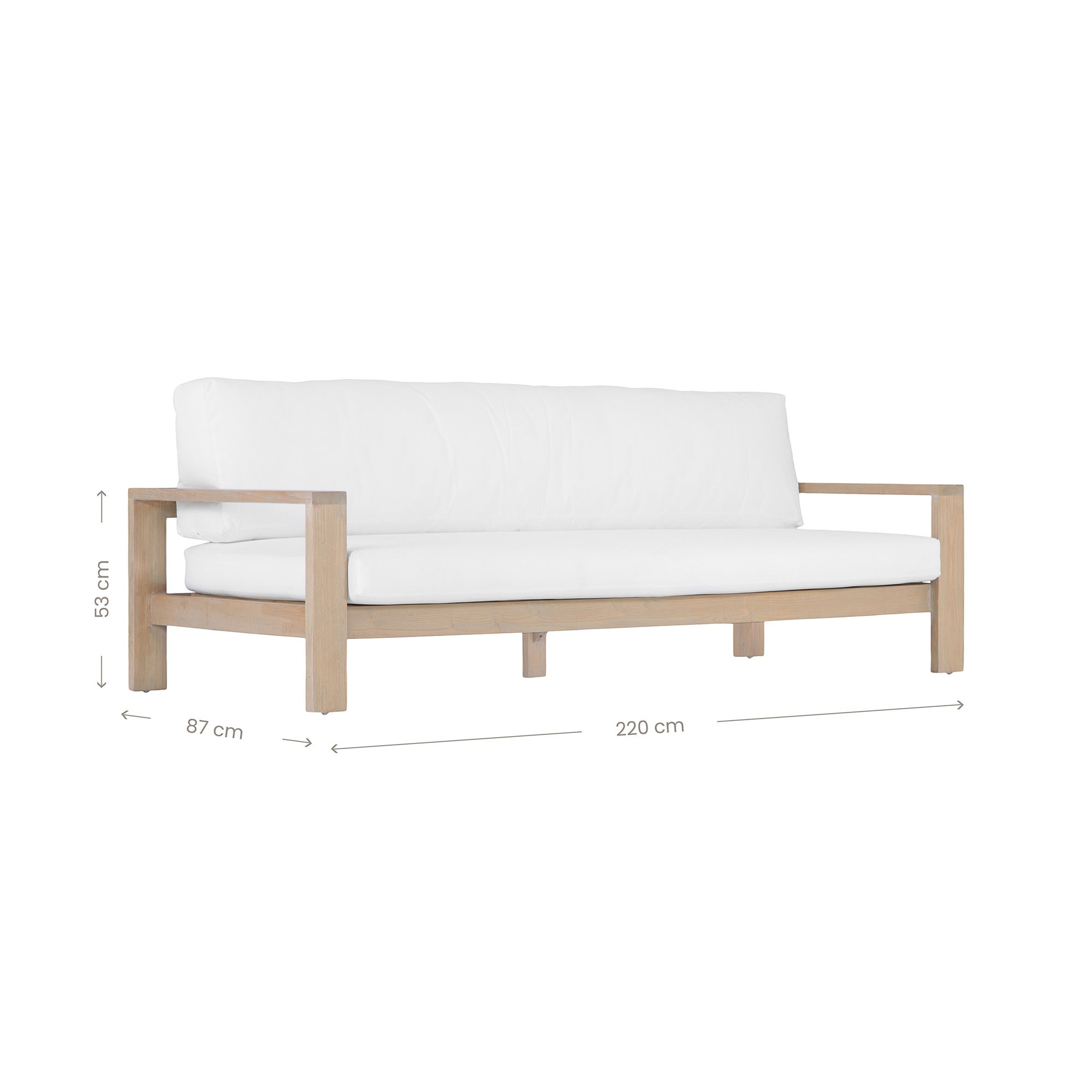 Kulala Living's Outdoor Teak Sofa with white cushions, crafted from natural solid teak wood. Designed for durability and comfort, this contemporary outdoor lounge piece seamlessly blends with modern coastal and relaxed outdoor living spaces