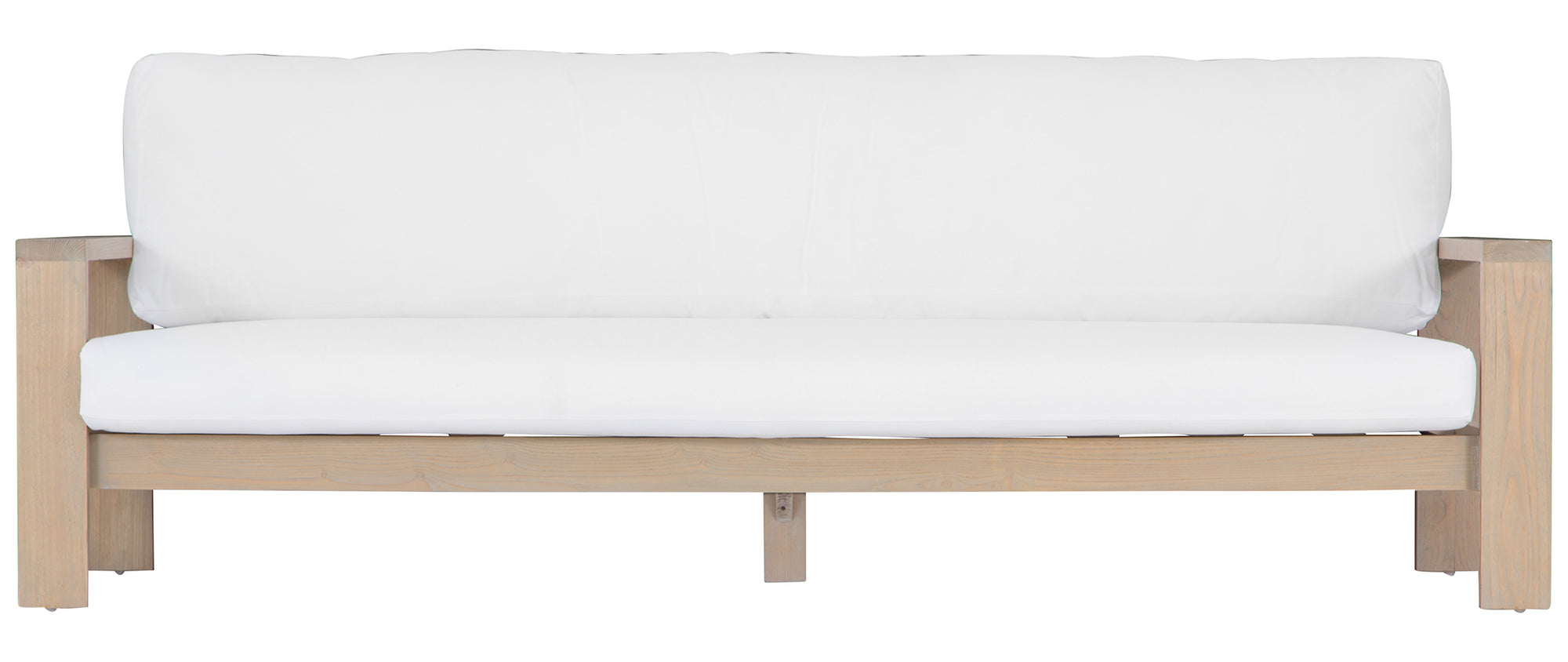 Kulala Living's Outdoor Teak Sofa with white cushions, crafted from natural solid teak wood. Designed for durability and comfort, this contemporary outdoor lounge piece seamlessly blends with modern coastal and relaxed outdoor living spaces