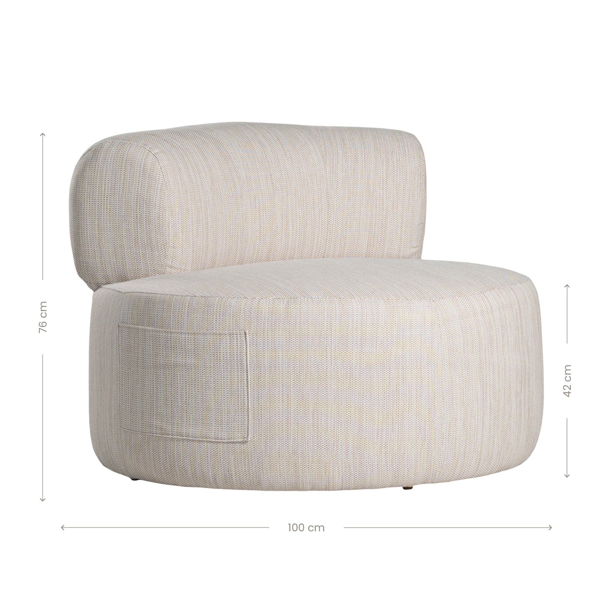 A contemporary pebble upholstered lounge chair with a low-profile design and curved backrest. This modern, armless seating piece features a smooth, rounded silhouette, making it a stylish and comfortable addition to any living space