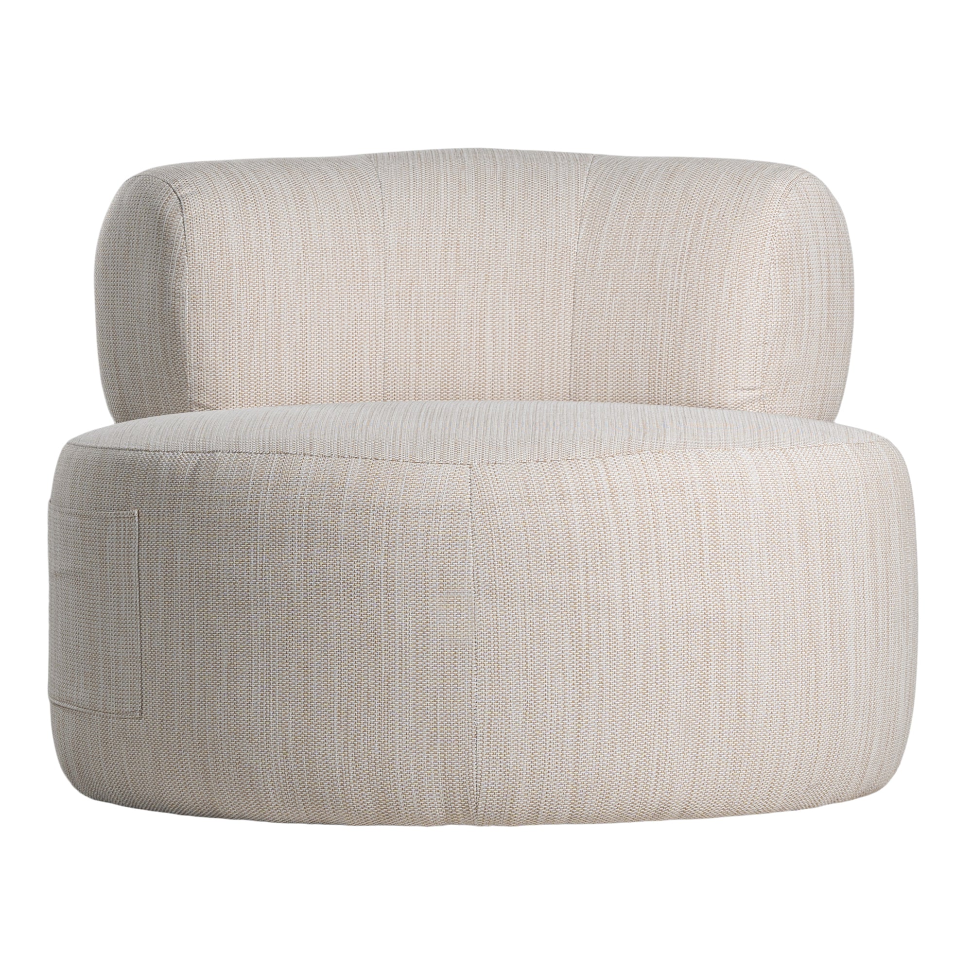 A contemporary pebble upholstered lounge chair with a low-profile design and curved backrest. This modern, armless seating piece features a smooth, rounded silhouette, making it a stylish and comfortable addition to any living space