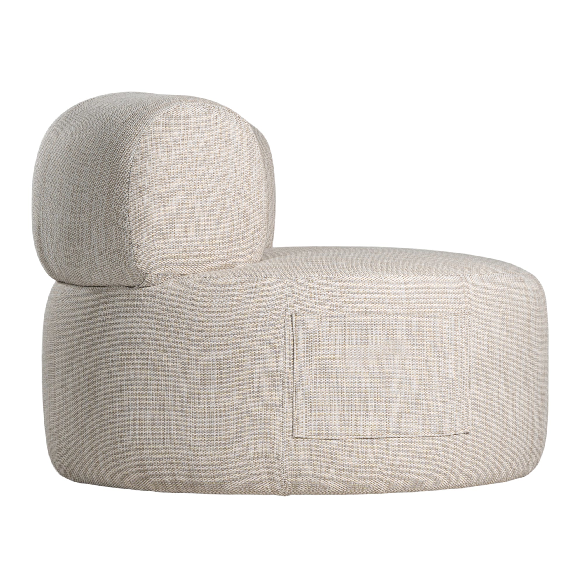 A contemporary pebble upholstered lounge chair with a low-profile design and curved backrest. This modern, armless seating piece features a smooth, rounded silhouette, making it a stylish and comfortable addition to any living space