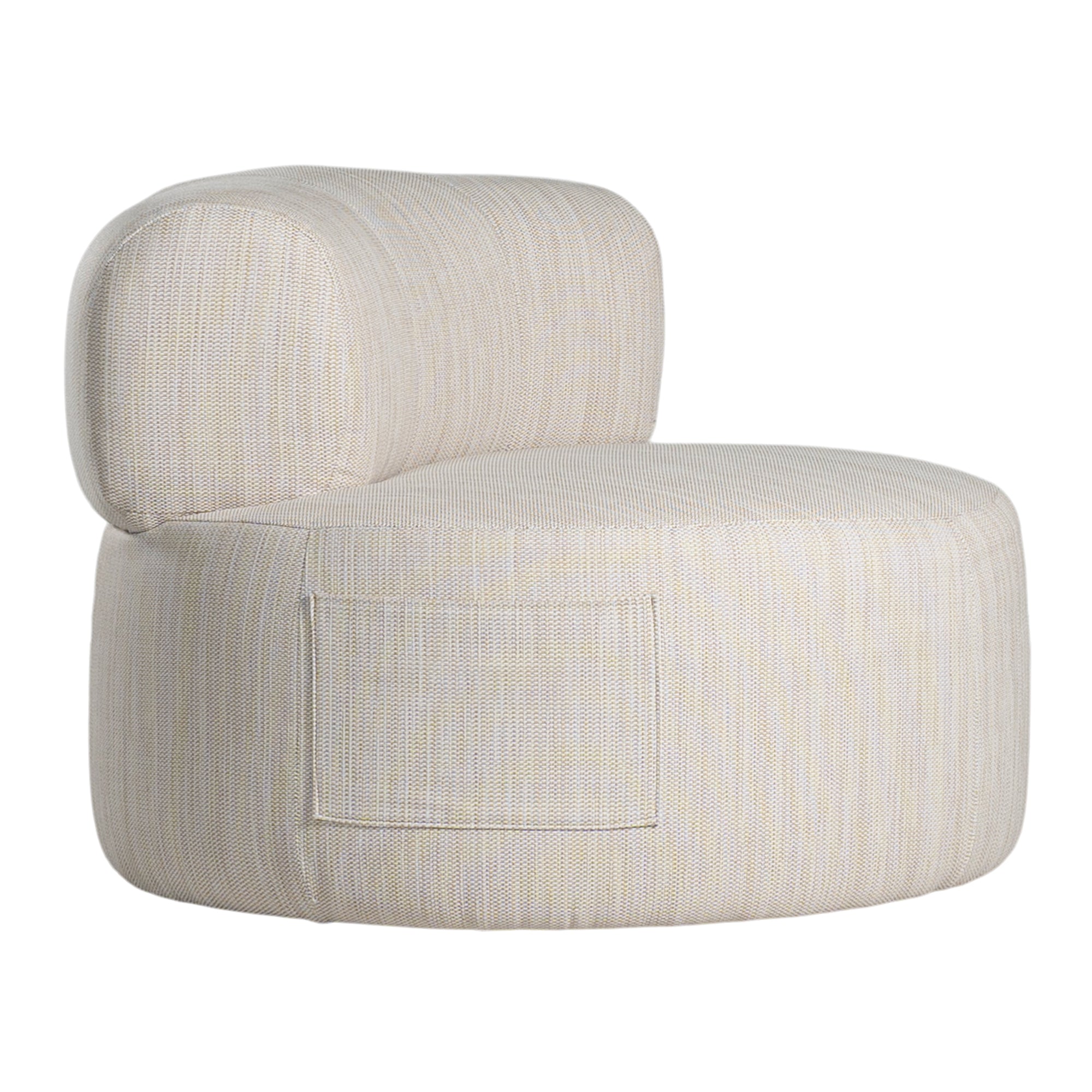 A contemporary pebble upholstered lounge chair with a low-profile design and curved backrest. This modern, armless seating piece features a smooth, rounded silhouette, making it a stylish and comfortable addition to any living space