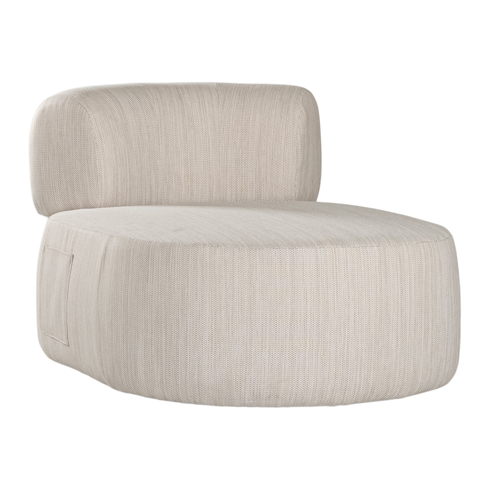 A contemporary pebble upholstered lounge chair with a low-profile design and curved backrest. This modern, armless seating piece features a smooth, rounded silhouette, making it a stylish and comfortable addition to any living space