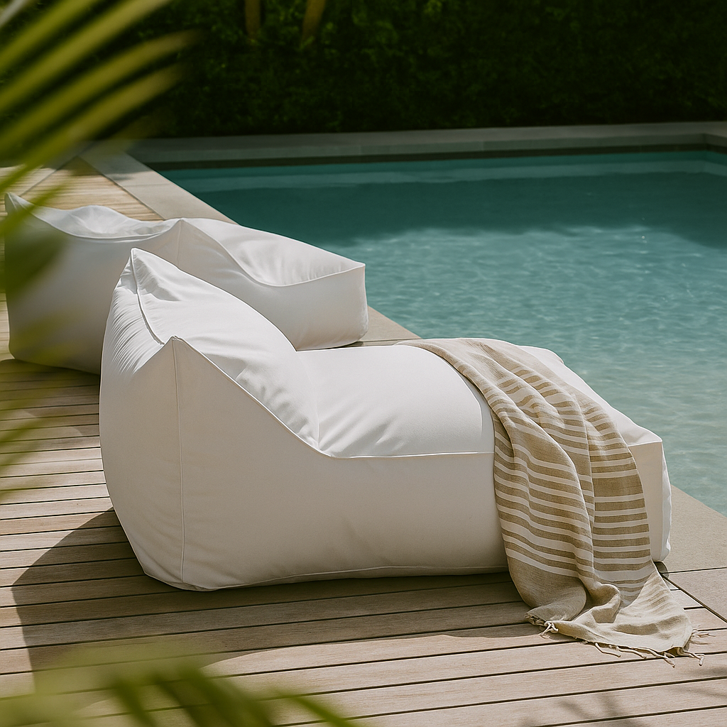 Playa Chair in white outdoor fabric styled beside a pool on timber decking with a striped towel draped over the seat in soft natural light.
