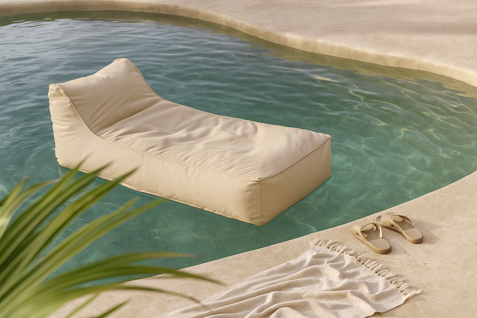 Playa Lounger in sand colour floating in an organic-shaped pool with soft rippling water, styled with a fringed towel and sandals beside the poolside.