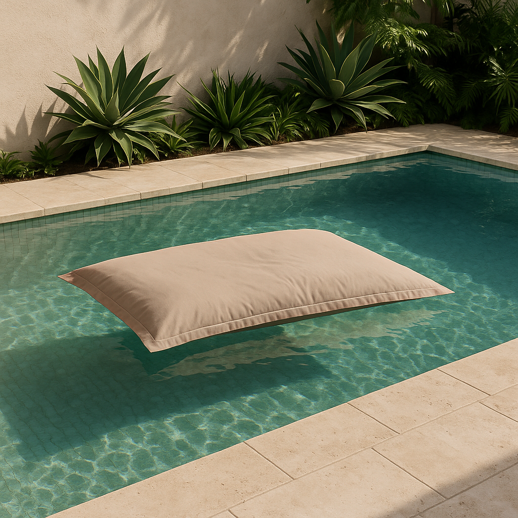 Playa Outdoor Bean Bag pillow in sand colour floating in a turquoise pool with surrounding tropical greenery.