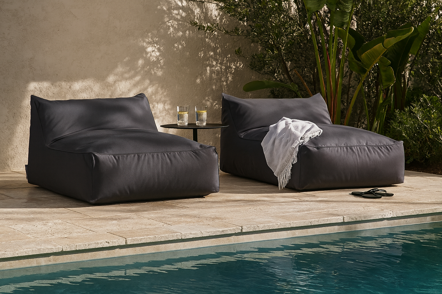Pair of black Playa Pool Bean Bags beside a pool, styled with a throw, side table, and two glasses of water in a lush outdoor setting.