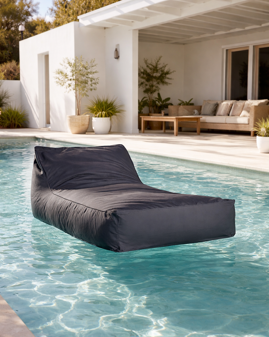 Charcoal Playa pool lounger floating on clear blue water in a sunlit backyard pool, set against a relaxed white coastal home and outdoor lounge area.