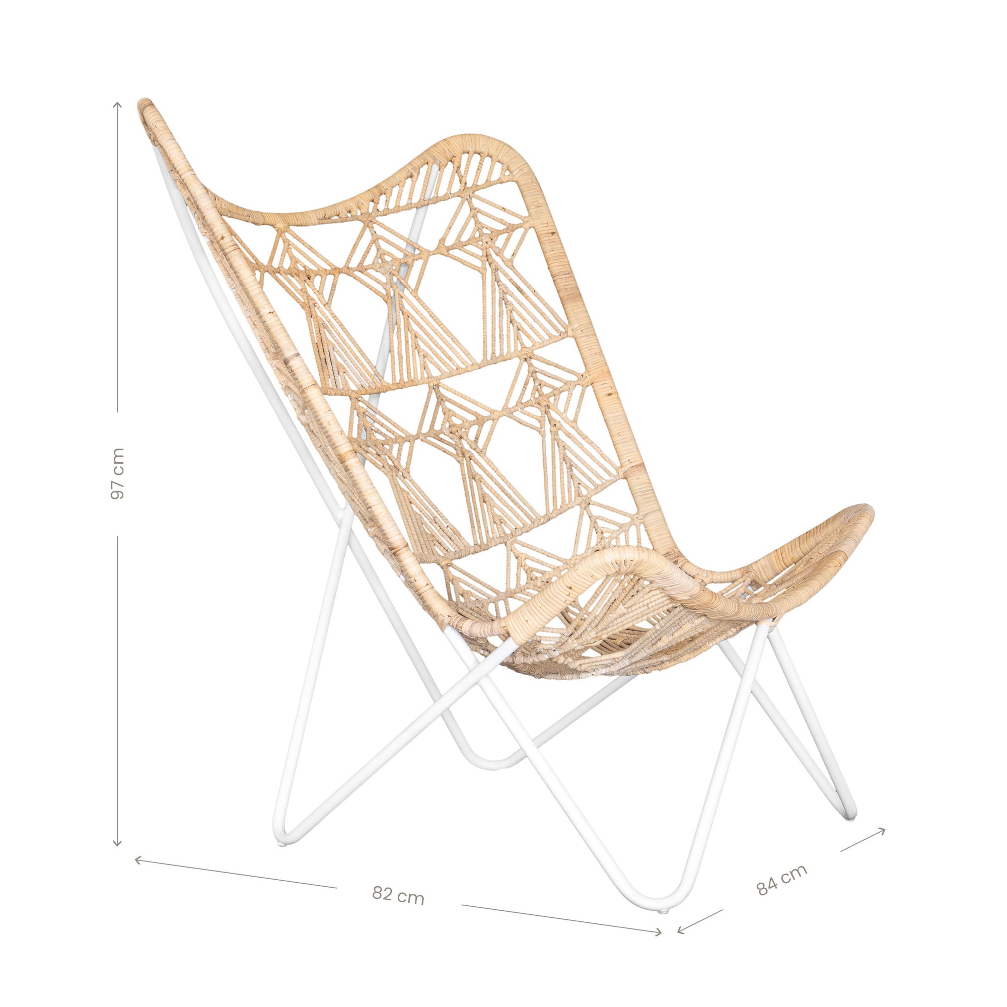 A handcrafted butterfly chair featuring an intricately woven natural rattan seat with a geometric pattern, supported by a sleek white metal frame