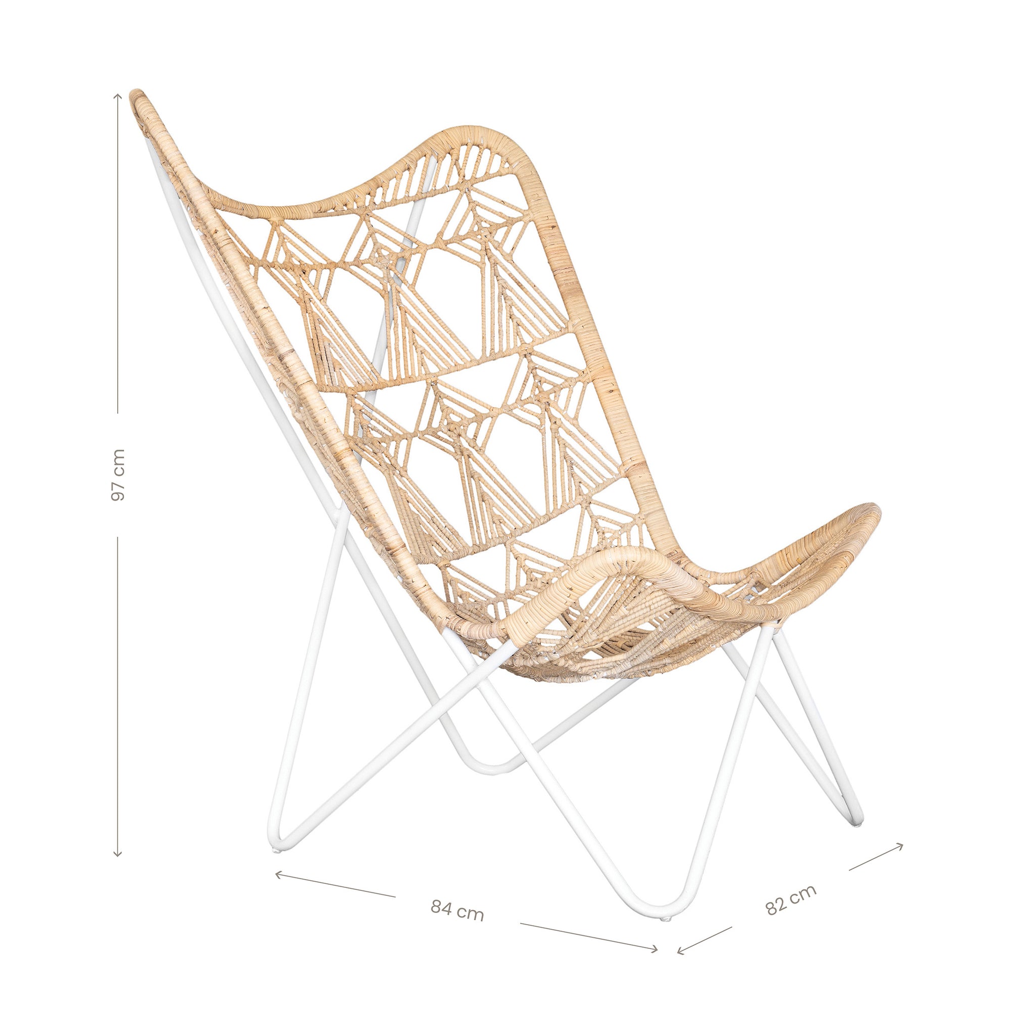 A handcrafted butterfly chair featuring an intricately woven natural rattan seat with a geometric pattern, supported by a sleek white metal frame