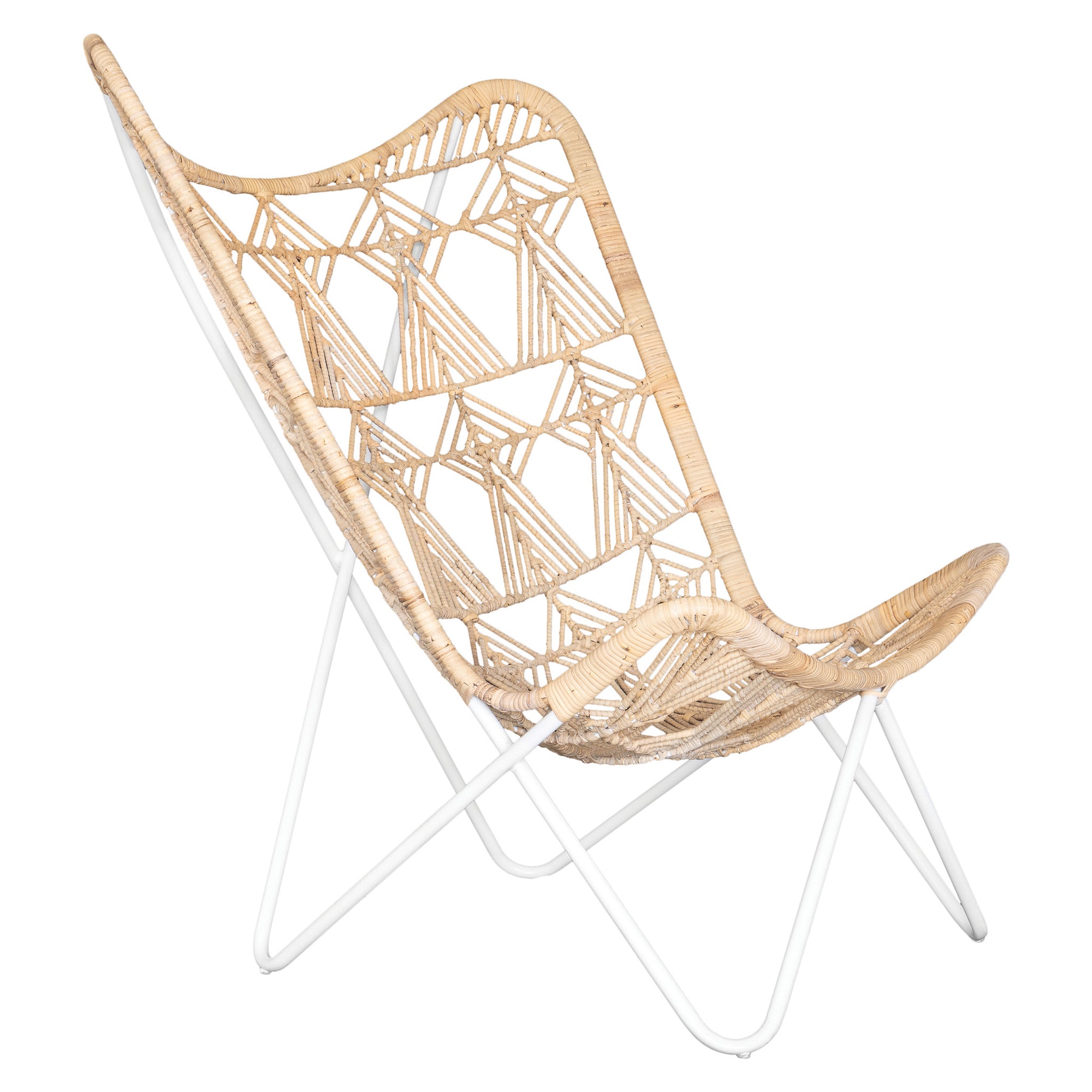 A handcrafted butterfly chair featuring an intricately woven natural rattan seat with a geometric pattern, supported by a sleek white metal frame