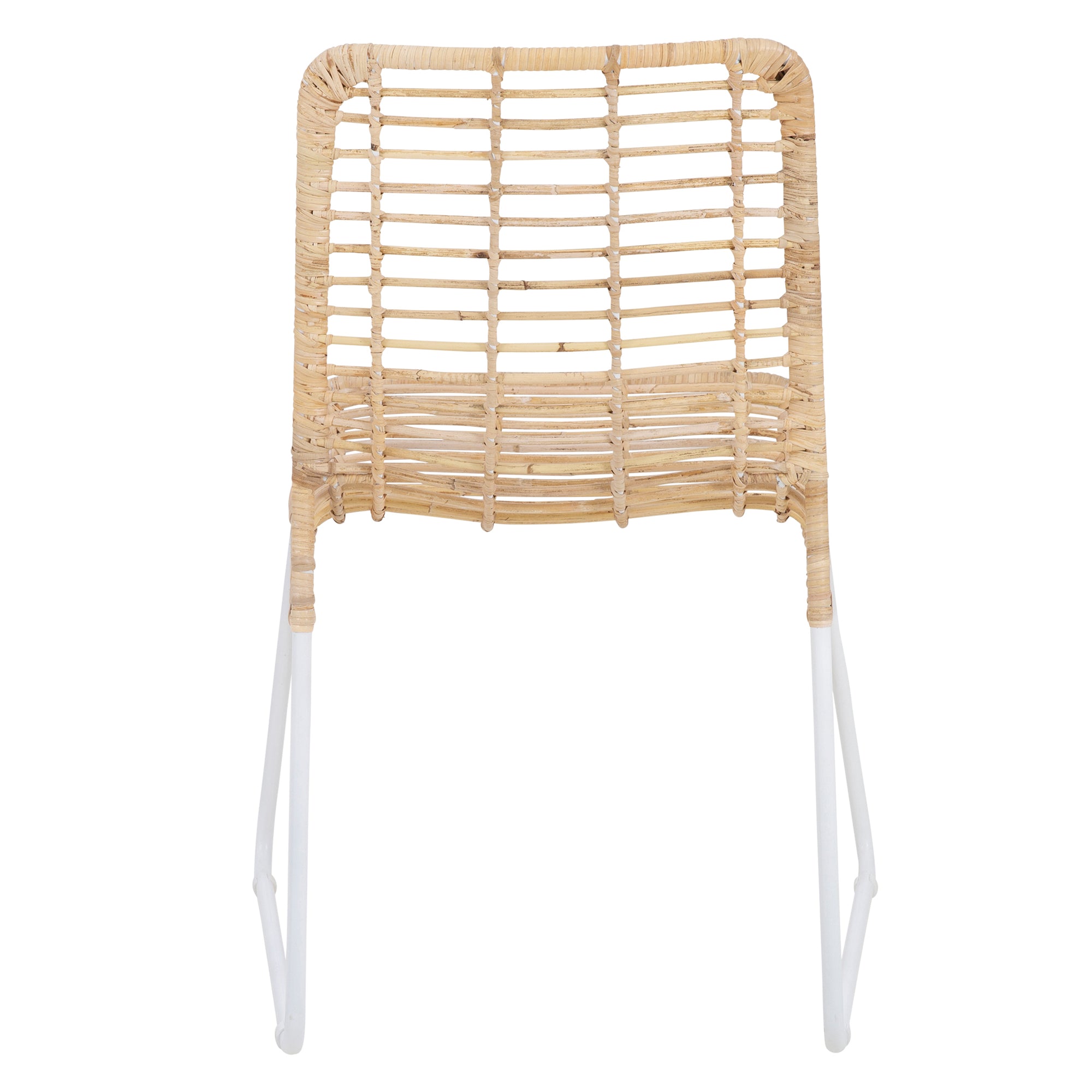 A handwoven rattan dining chair with a white metal frame, featuring an airy, open-weave design. The natural rattan seat and backrest bring an organic touch to contemporary and coastal interiors