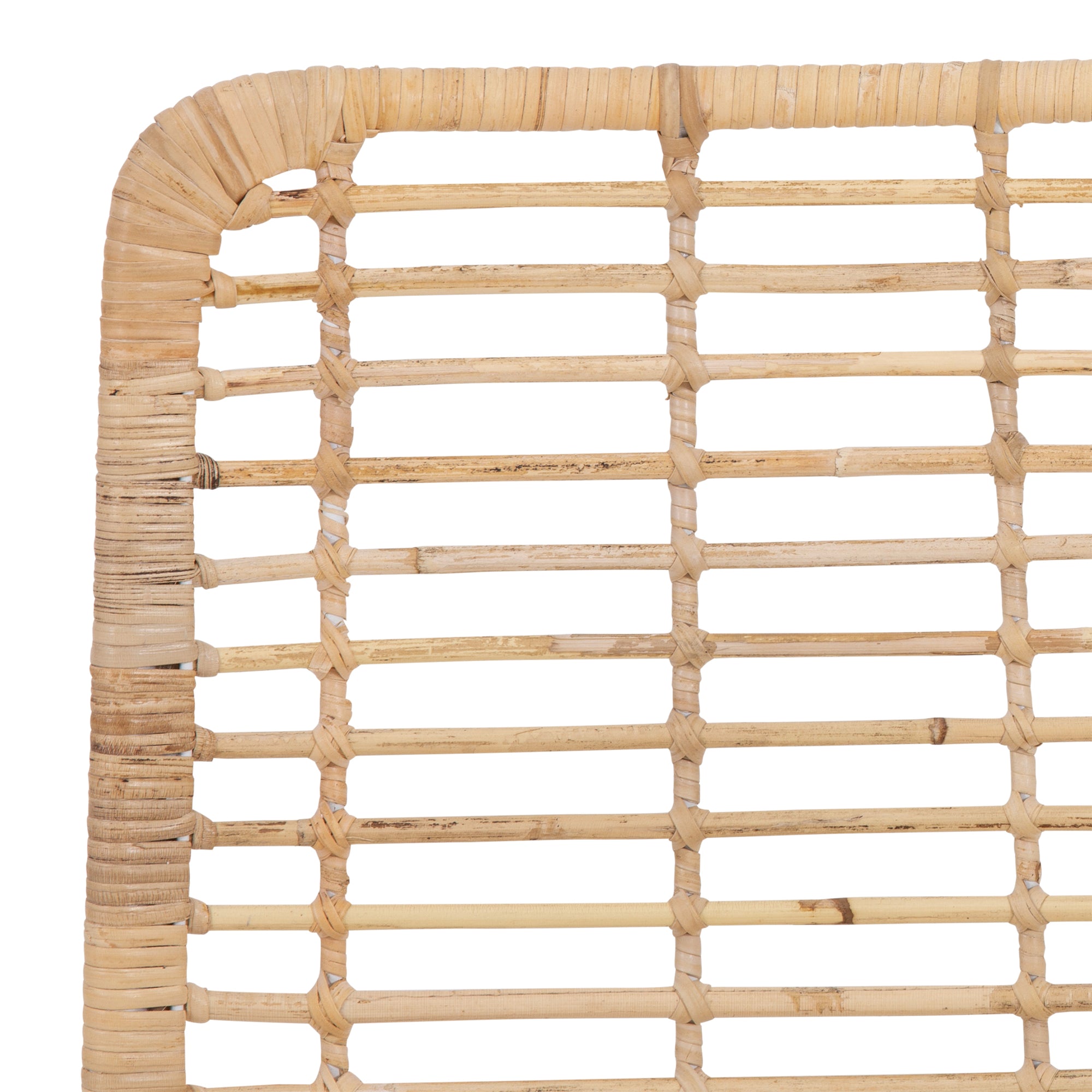 A handwoven rattan dining chair with a white metal frame, featuring an airy, open-weave design. The natural rattan seat and backrest bring an organic touch to contemporary and coastal interiors