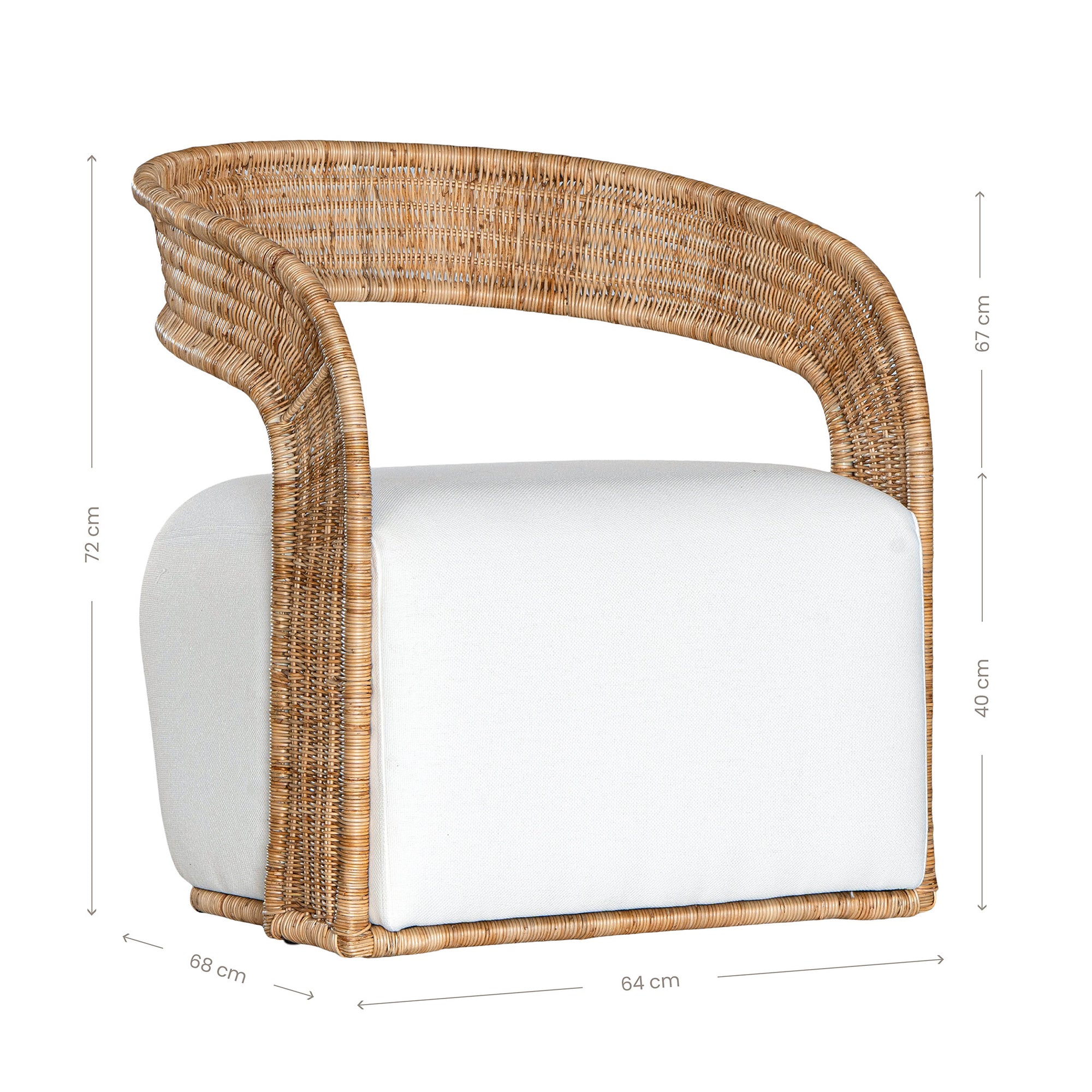 A rattan armchair featuring a curved backrest and a plush white upholstered seat. This coastal-inspired piece combines natural textures with modern comfort, ideal for relaxed living spaces