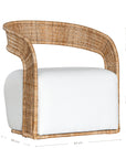 A rattan armchair featuring a curved backrest and a plush white upholstered seat. This coastal-inspired piece combines natural textures with modern comfort, ideal for relaxed living spaces