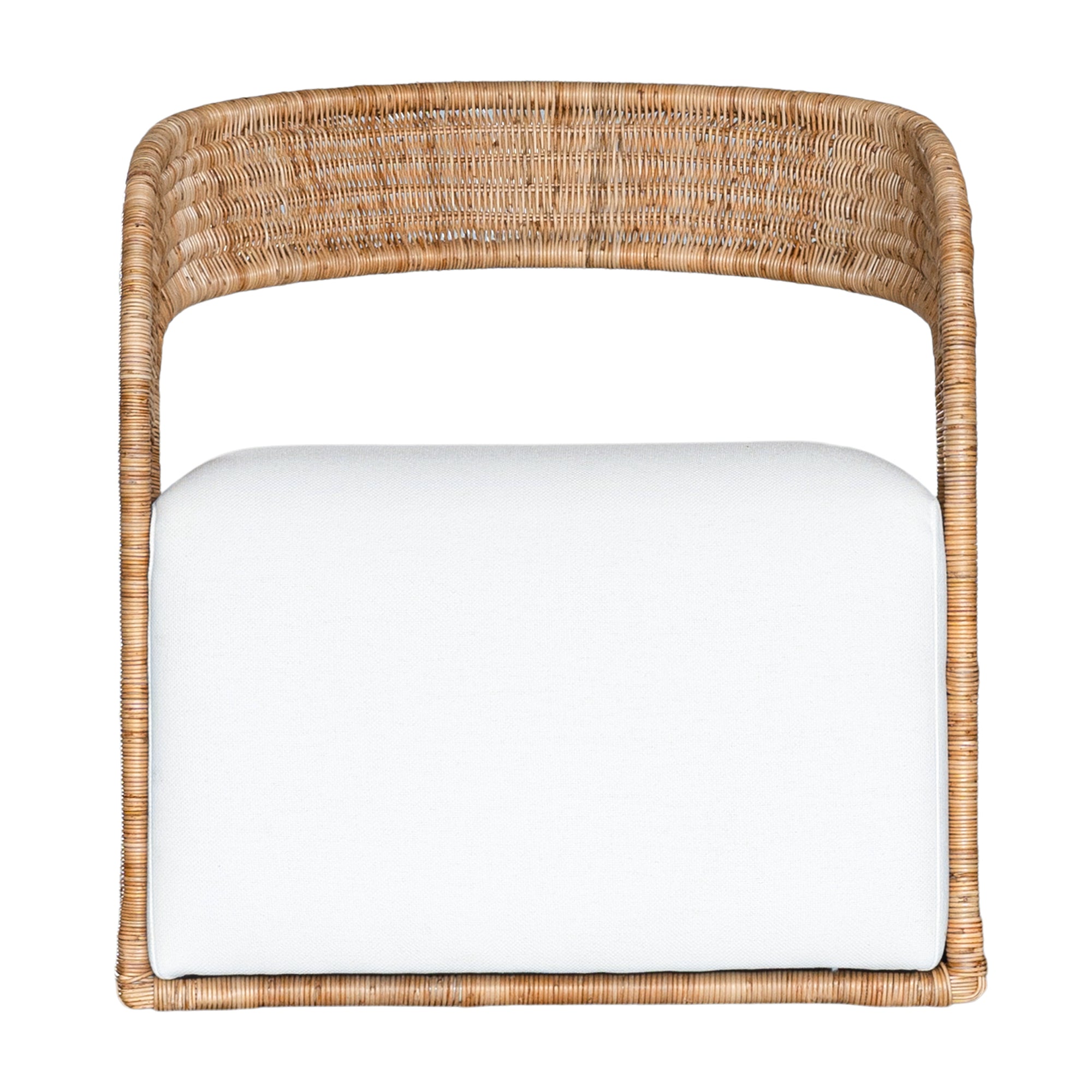 A rattan armchair featuring a curved backrest and a plush white upholstered seat. This coastal-inspired piece combines natural textures with modern comfort, ideal for relaxed living spaces