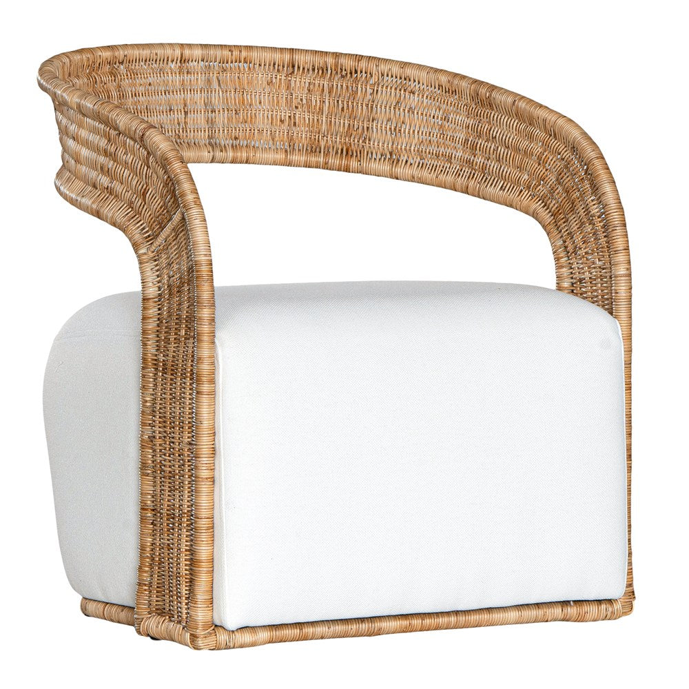 A rattan armchair featuring a curved backrest and a plush white upholstered seat. This coastal-inspired piece combines natural textures with modern comfort, ideal for relaxed living spaces