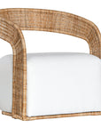 A rattan armchair featuring a curved backrest and a plush white upholstered seat. This coastal-inspired piece combines natural textures with modern comfort, ideal for relaxed living spaces