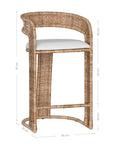 A natural rattan bar stool with a curved backrest and a white upholstered cushion. The woven texture and sturdy frame bring a relaxed yet sophisticated coastal-inspired aesthetic to any bar or kitchen counter