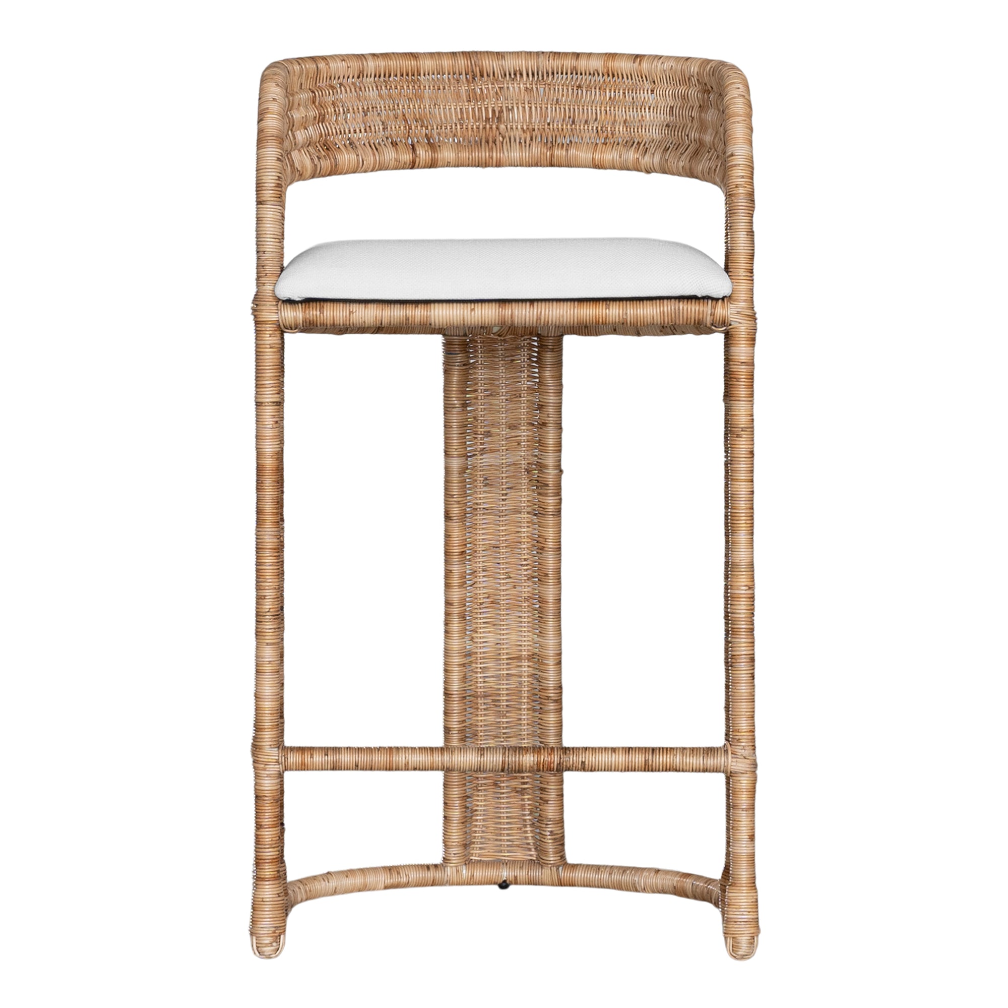 A natural rattan bar stool with a curved backrest and a white upholstered cushion. The woven texture and sturdy frame bring a relaxed yet sophisticated coastal-inspired aesthetic to any bar or kitchen counter