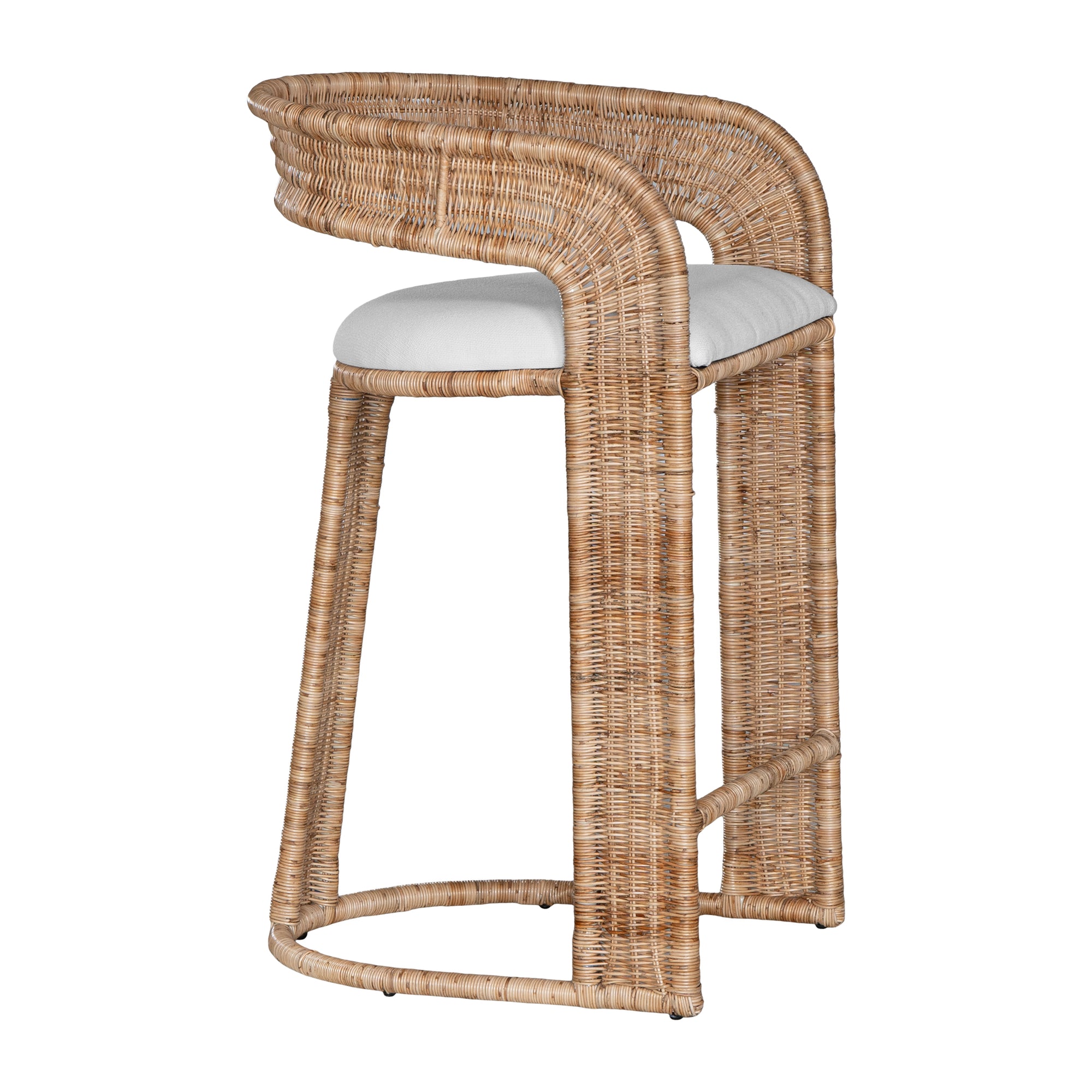 A natural rattan bar stool with a curved backrest and a white upholstered cushion. The woven texture and sturdy frame bring a relaxed yet sophisticated coastal-inspired aesthetic to any bar or kitchen counter