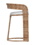 A natural rattan bar stool with a curved backrest and a white upholstered cushion. The woven texture and sturdy frame bring a relaxed yet sophisticated coastal-inspired aesthetic to any bar or kitchen counter