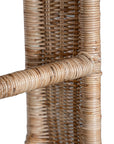 A natural rattan bar stool with a curved backrest and a white upholstered cushion. The woven texture and sturdy frame bring a relaxed yet sophisticated coastal-inspired aesthetic to any bar or kitchen counter