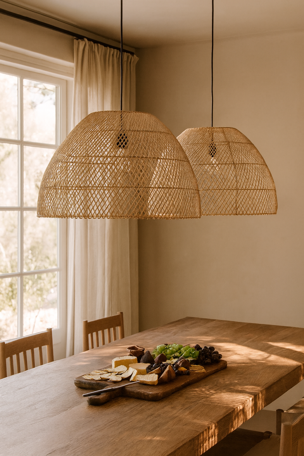 Pair of woven rattan pendant lights hanging above a wooden dining table with a cheese and fruit platter, styled in a sunlit dining room.