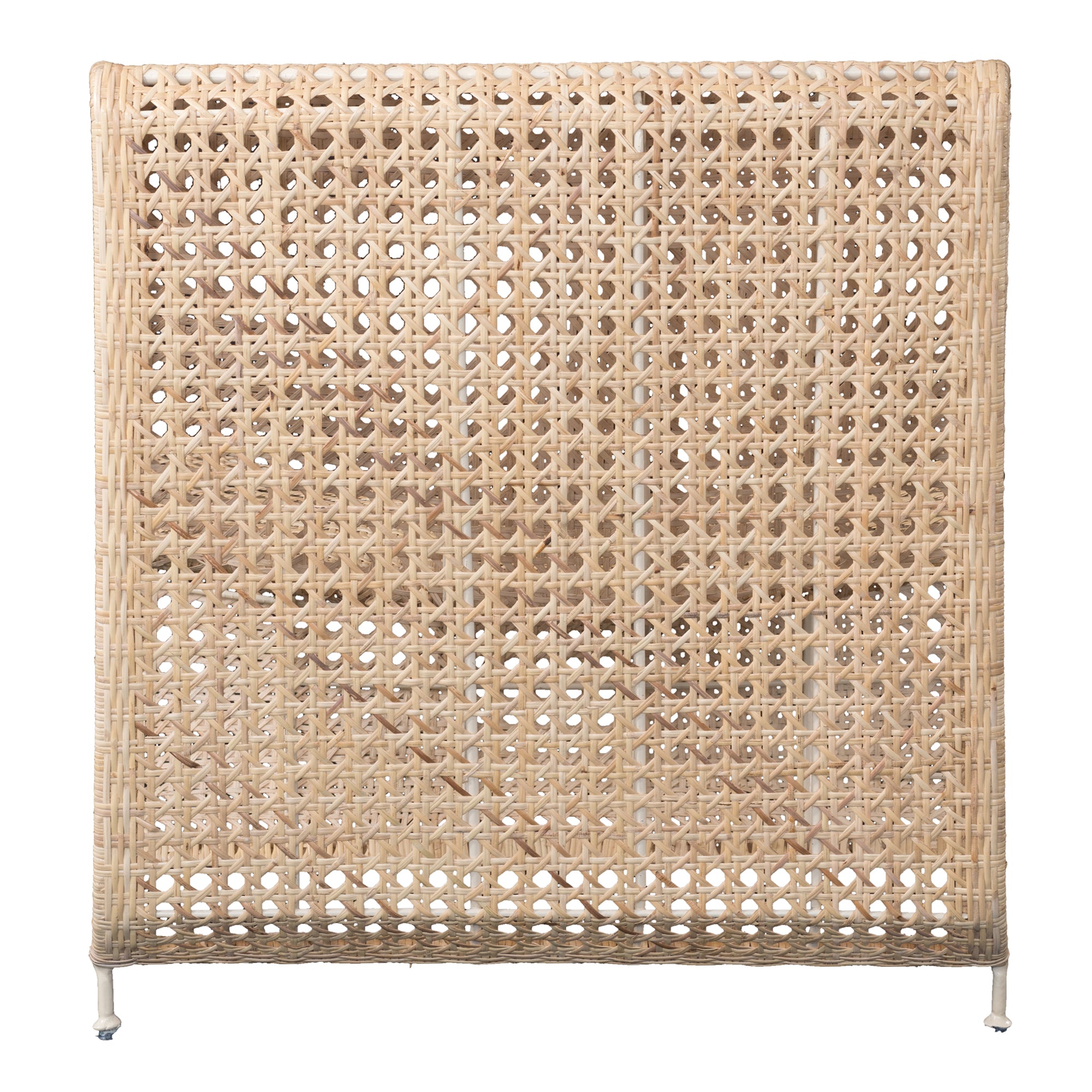 Modern coastal rattan lounge chair with curved silhouette and open weave pattern, featuring a natural finish and sleek white metal frame