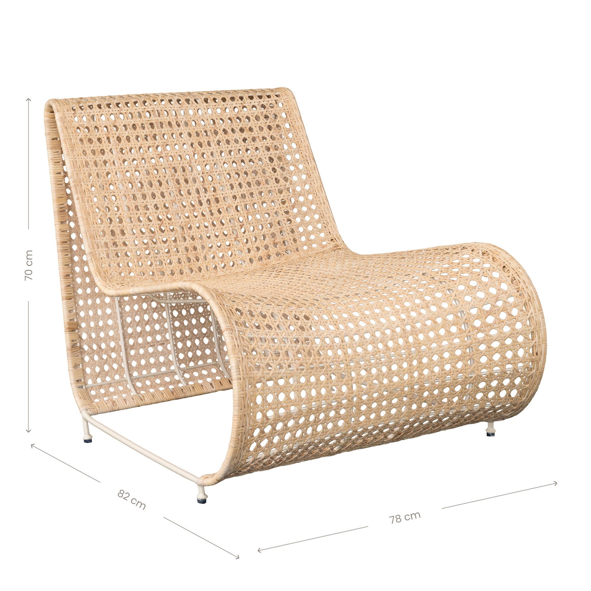 Modern coastal rattan lounge chair with curved silhouette and open weave pattern, featuring a natural finish and sleek white metal frame
