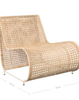 Modern coastal rattan lounge chair with curved silhouette and open weave pattern, featuring a natural finish and sleek white metal frame