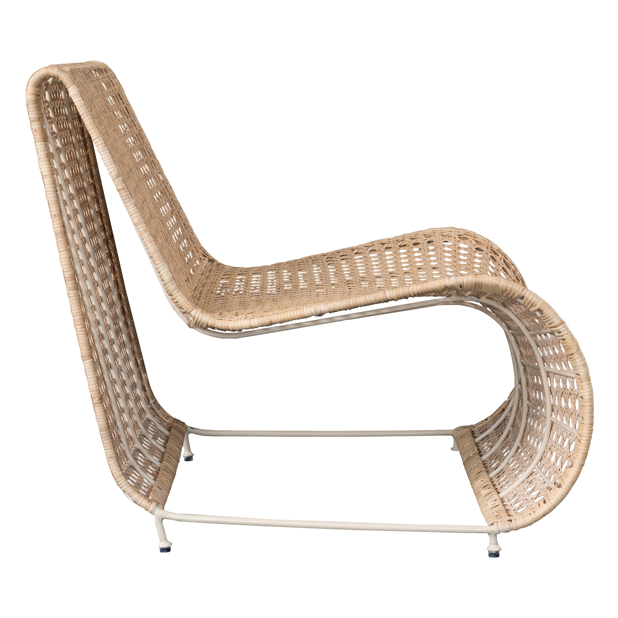 Modern coastal rattan lounge chair with curved silhouette and open weave pattern, featuring a natural finish and sleek white metal frame