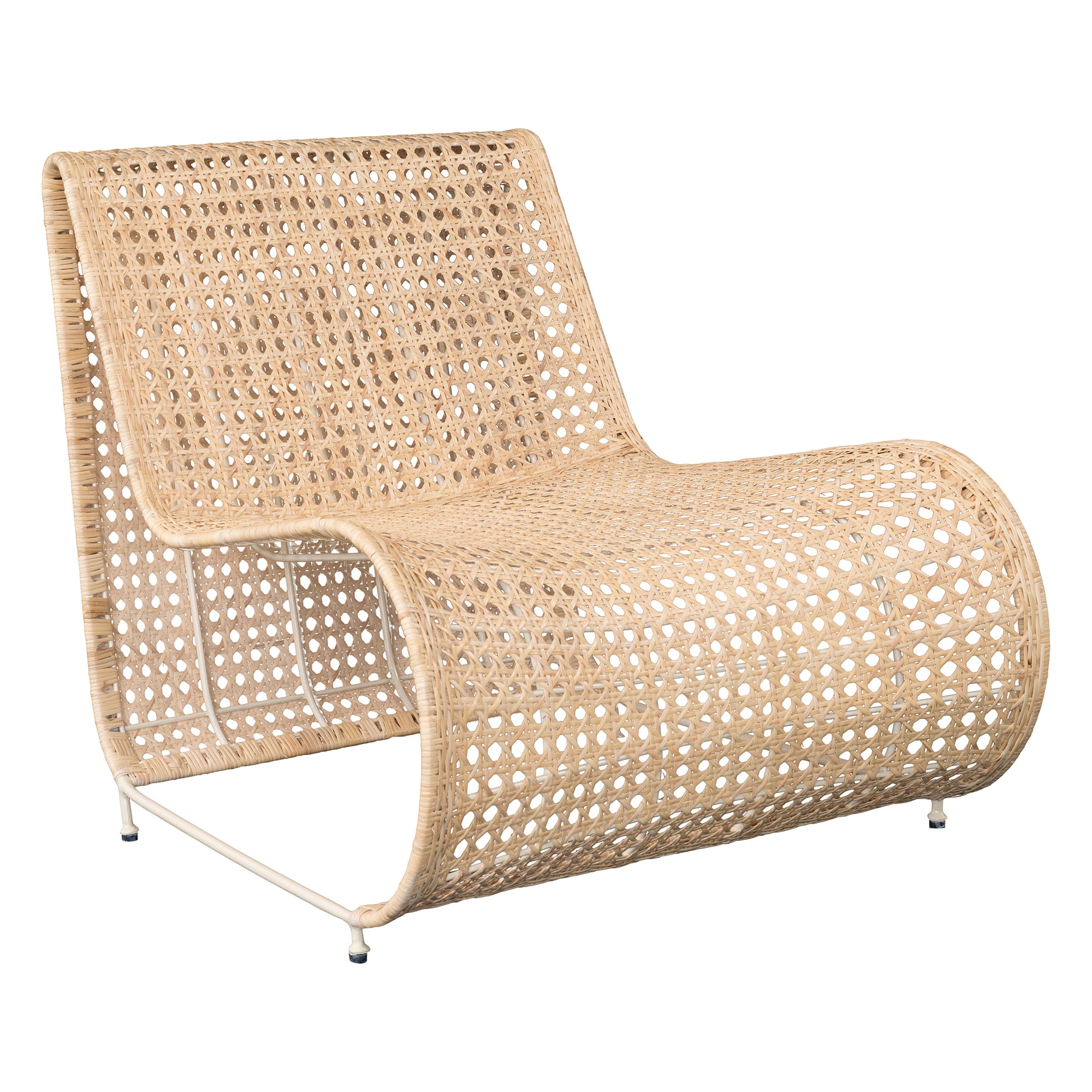 Modern coastal rattan lounge chair with curved silhouette and open weave pattern, featuring a natural finish and sleek white metal frame