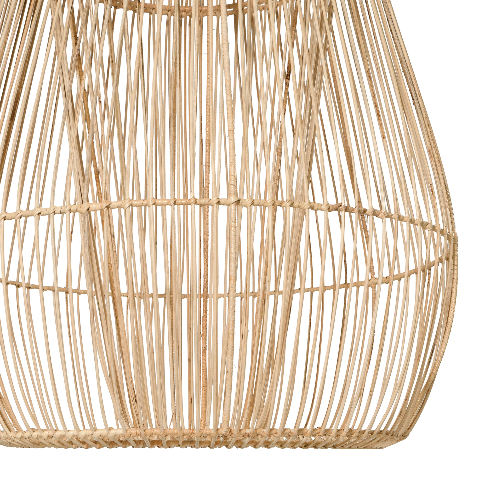 A handcrafted rattan pendant light in a natural finish, featuring an open-weave design that creates an airy and organic aesthetic