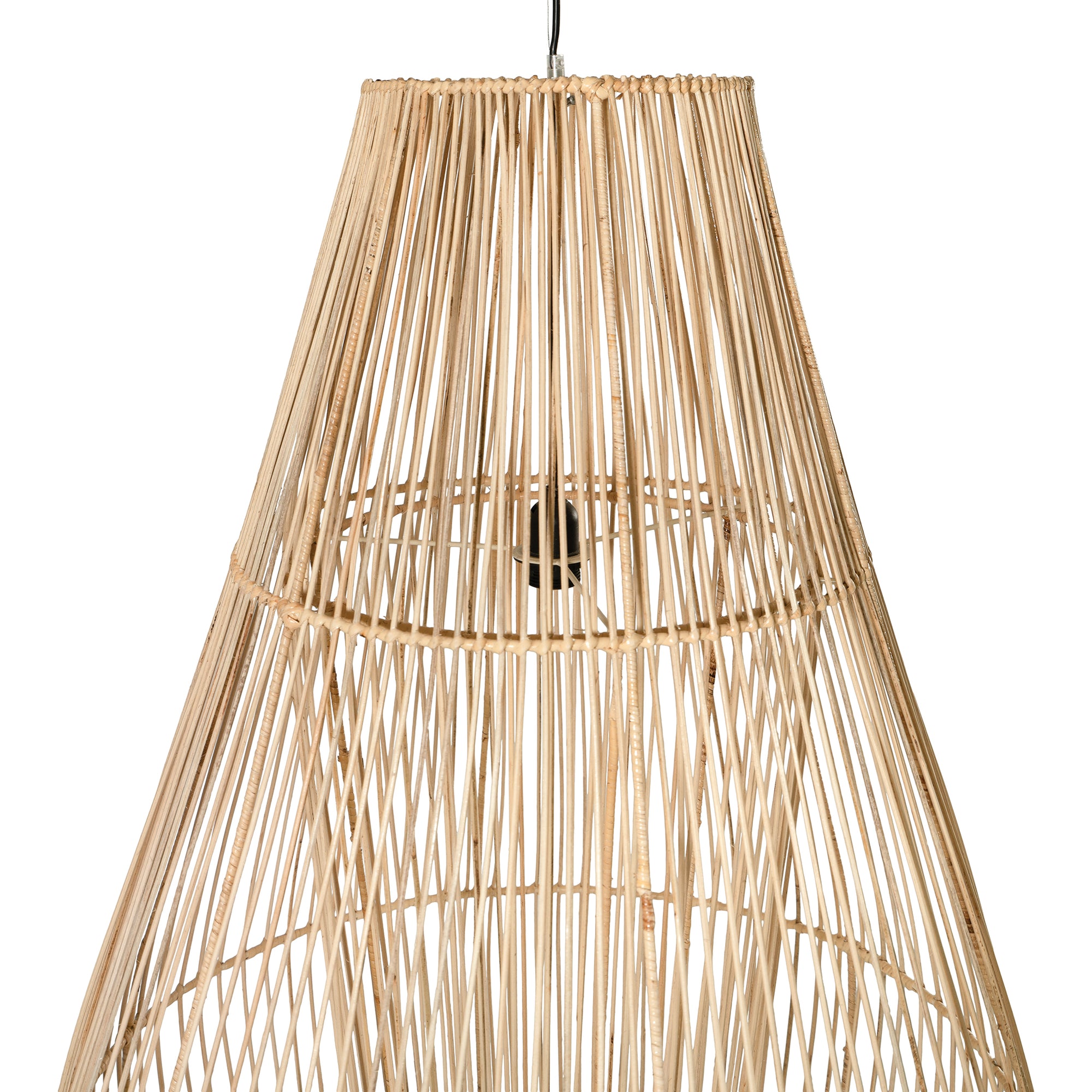 A handcrafted rattan pendant light in a natural finish, featuring an open-weave design that creates an airy and organic aesthetic