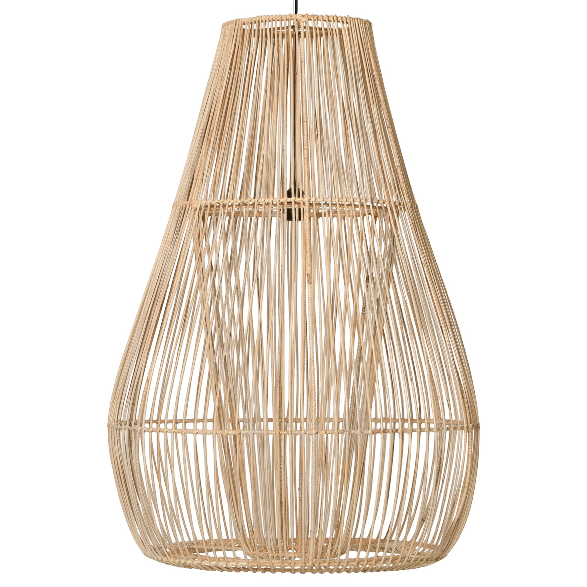 A handcrafted rattan pendant light in a natural finish, featuring an open-weave design that creates an airy and organic aesthetic