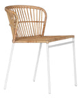Modern rattan dining chair with a white metal frame, featuring a curved backrest and woven natural rattan for a stylish and airy aesthetic