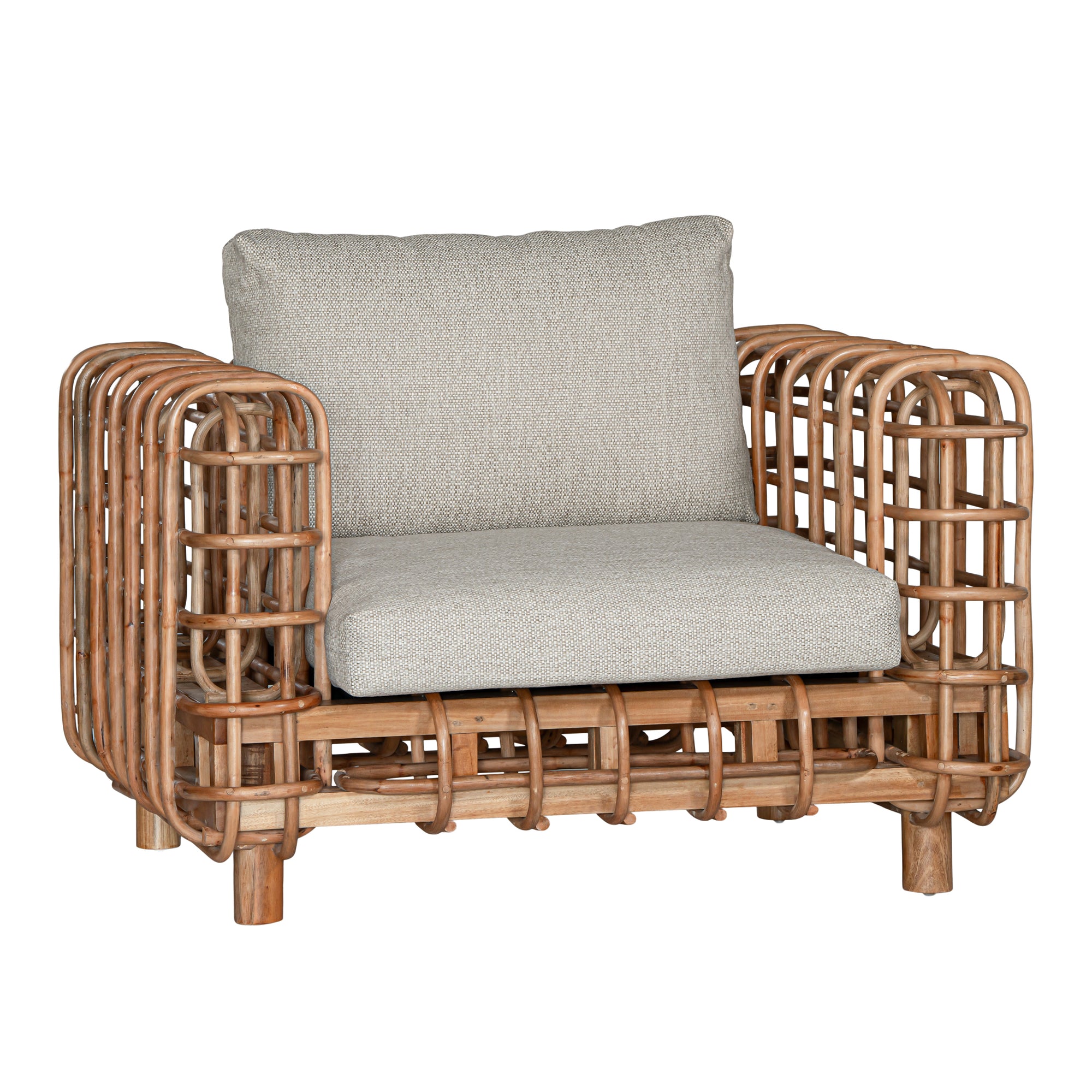 Handcrafted rattan one seater sofa featuring an intricate open-weave frame with plush natural cushions, combining natural texture with contemporary comfort for indoor or covered outdoor spaces